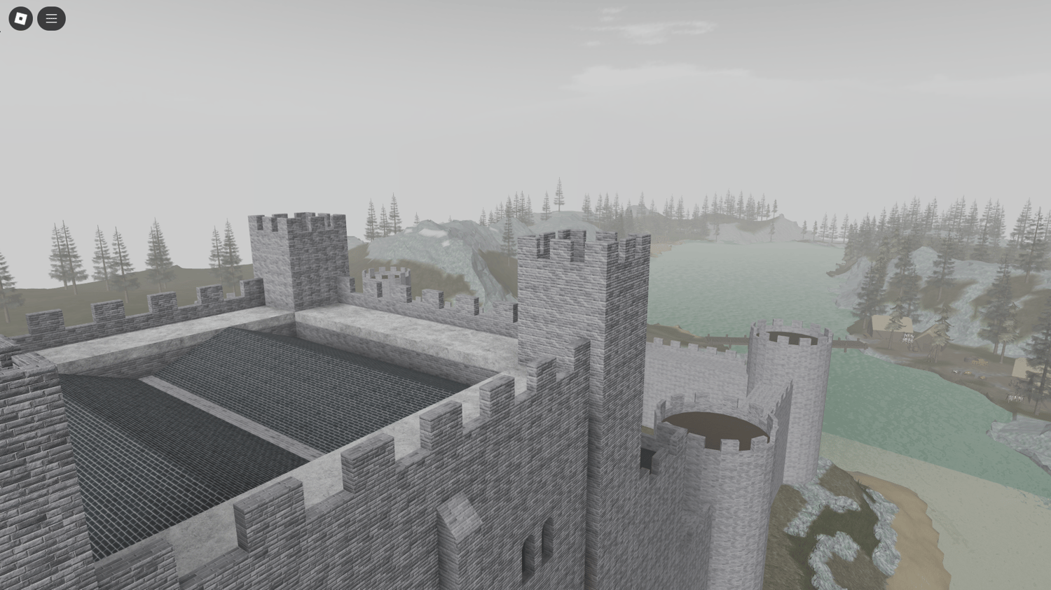 Water-surrounded Roblox castle map offering a strategic and immersive medieval experience.