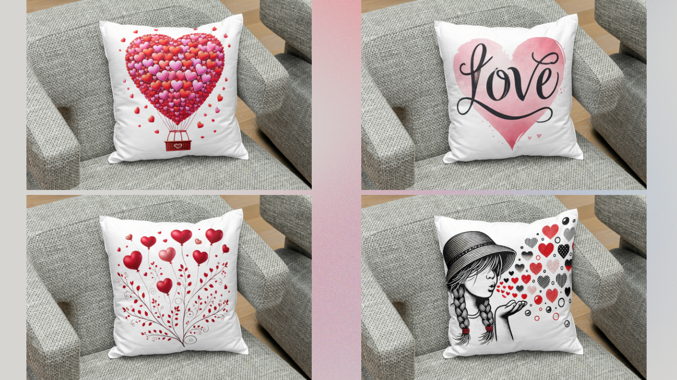 Valentine's Day sublimation pillow design ideas featuring romantic themes and heart-inspired decorations for home decor and gifts.