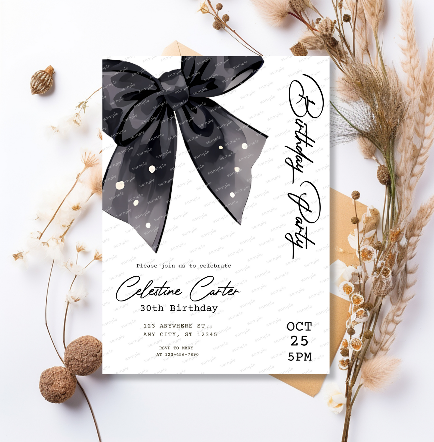 Editable Black Bow Birthday Invitation Template, Minimalist Black Bow Birthday Invite, Black Ribbon Coquette 30th 40th 50th Birthday Party