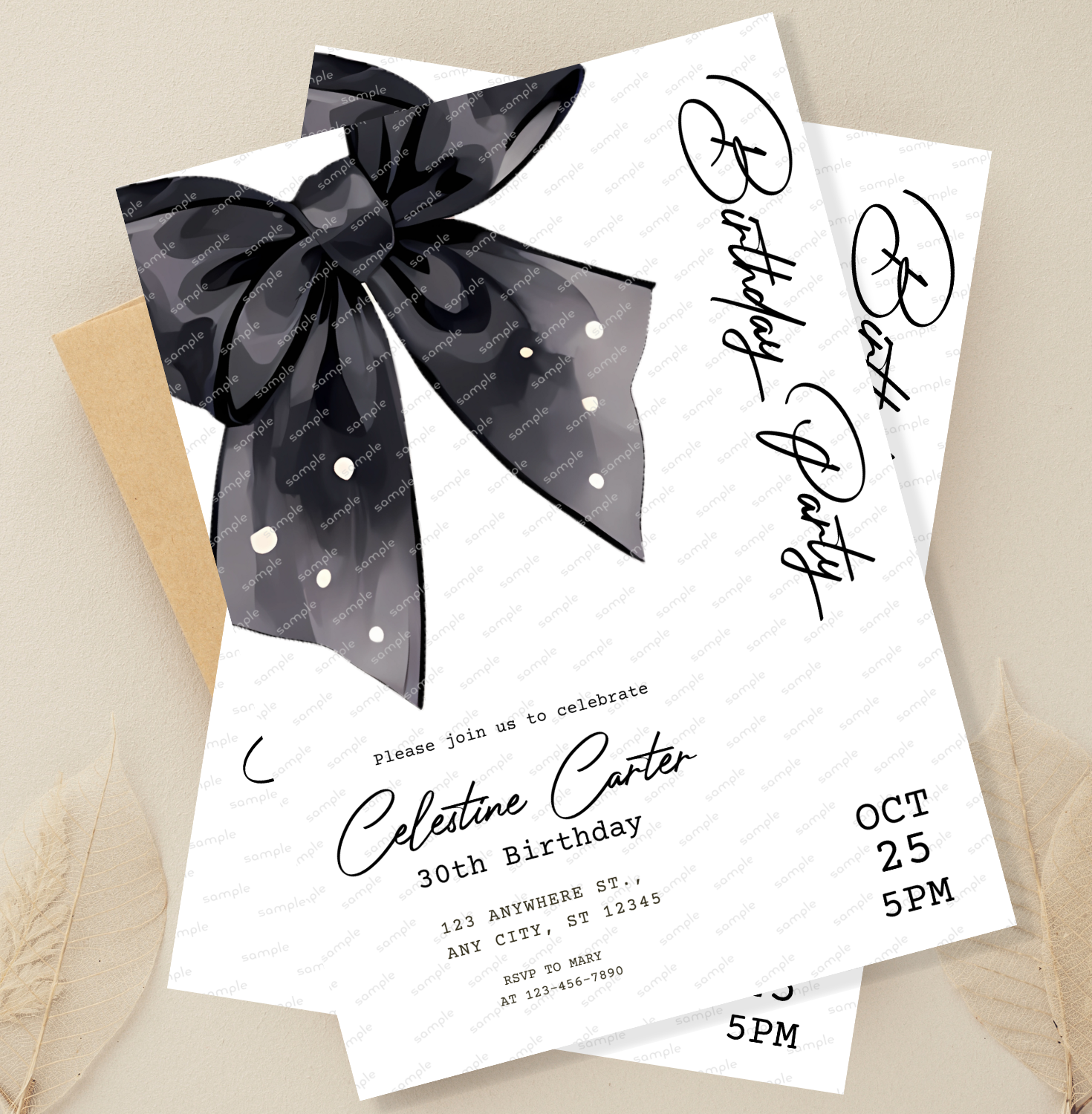 Editable Black Bow Birthday Invitation Template, Minimalist Black Bow Birthday Invite, Black Ribbon Coquette 30th 40th 50th Birthday Party