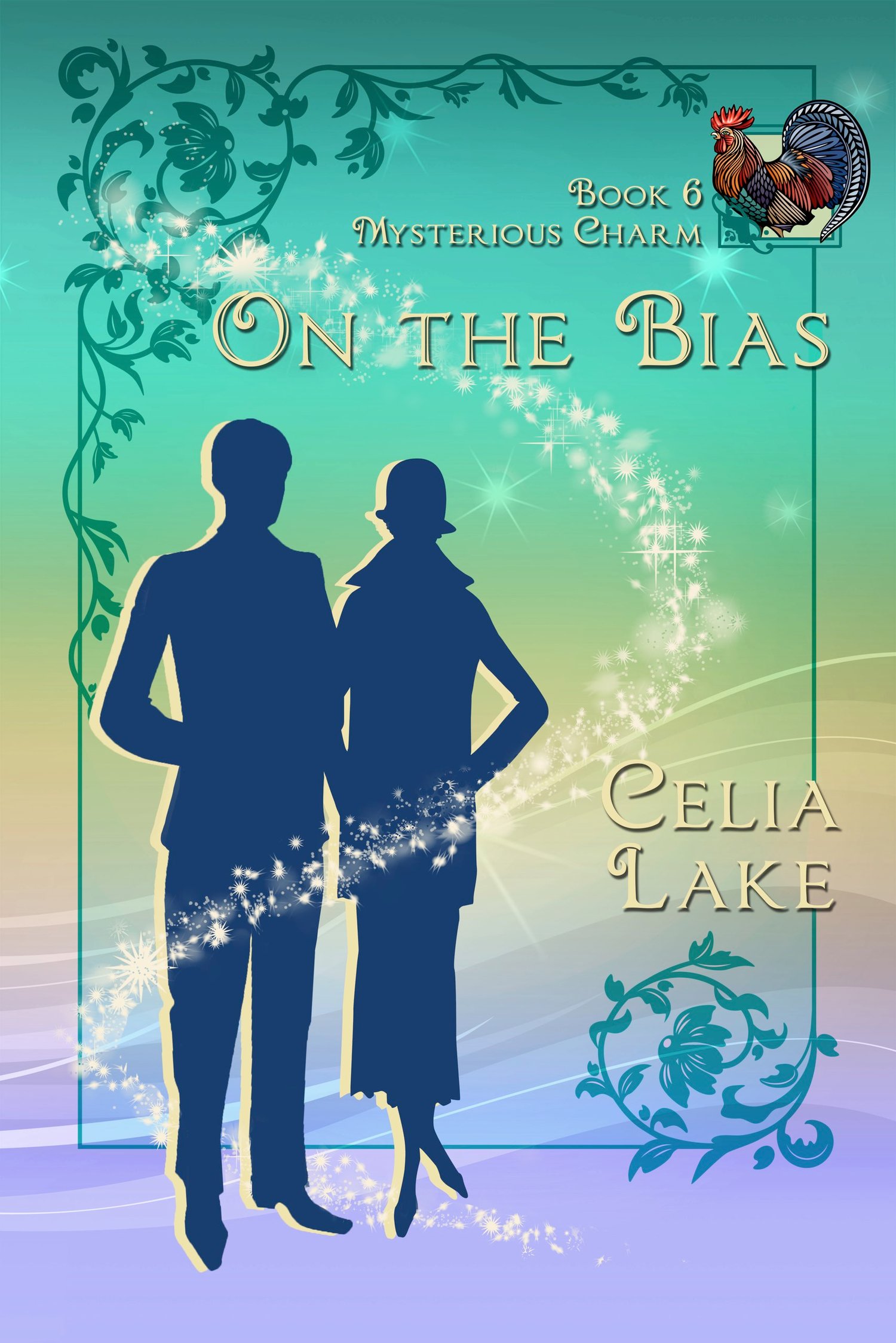 Cover of On The Bias. A man and woman in 1920s clothing are silhouetted against a pale green, yellow, and purple background. A brightly coloured rooster is inset in the top right.