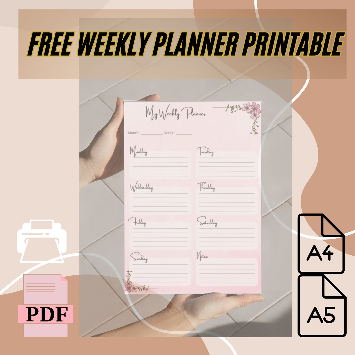 Stay organized and boost your productivity with this Free Weekly Planner! This printable PDF file is available in both A4 and A5 sizes, making it perfect for home, office, or on-the-go use.