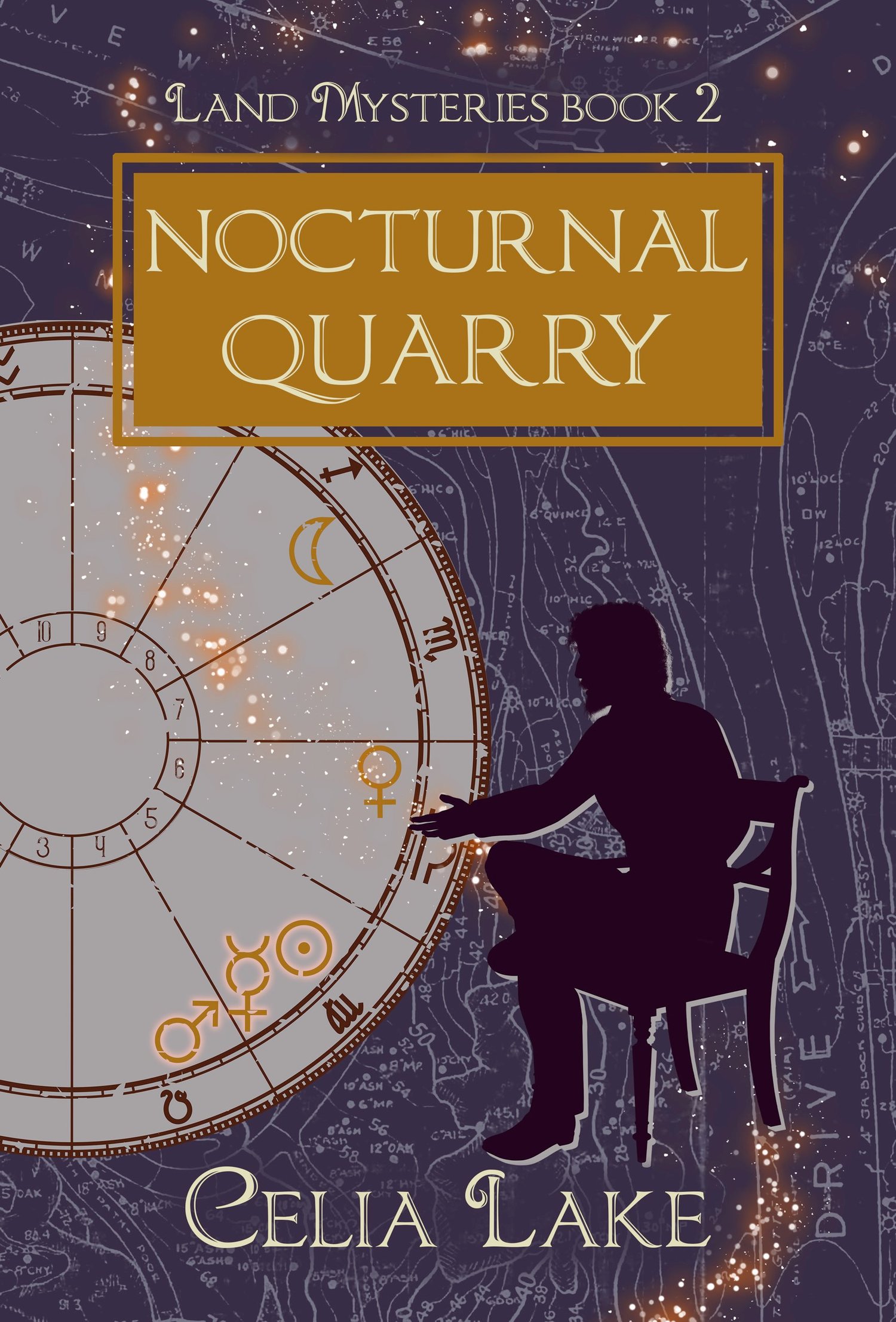 The cover of Nocturnal Quarry has Alexander silhouetted seated in a chair, leaning forward, one leg crossed over the other against a purple background with a map of Manhattan. An astrological chart to the left has the symbols for the Sun, Mercury, and Mar