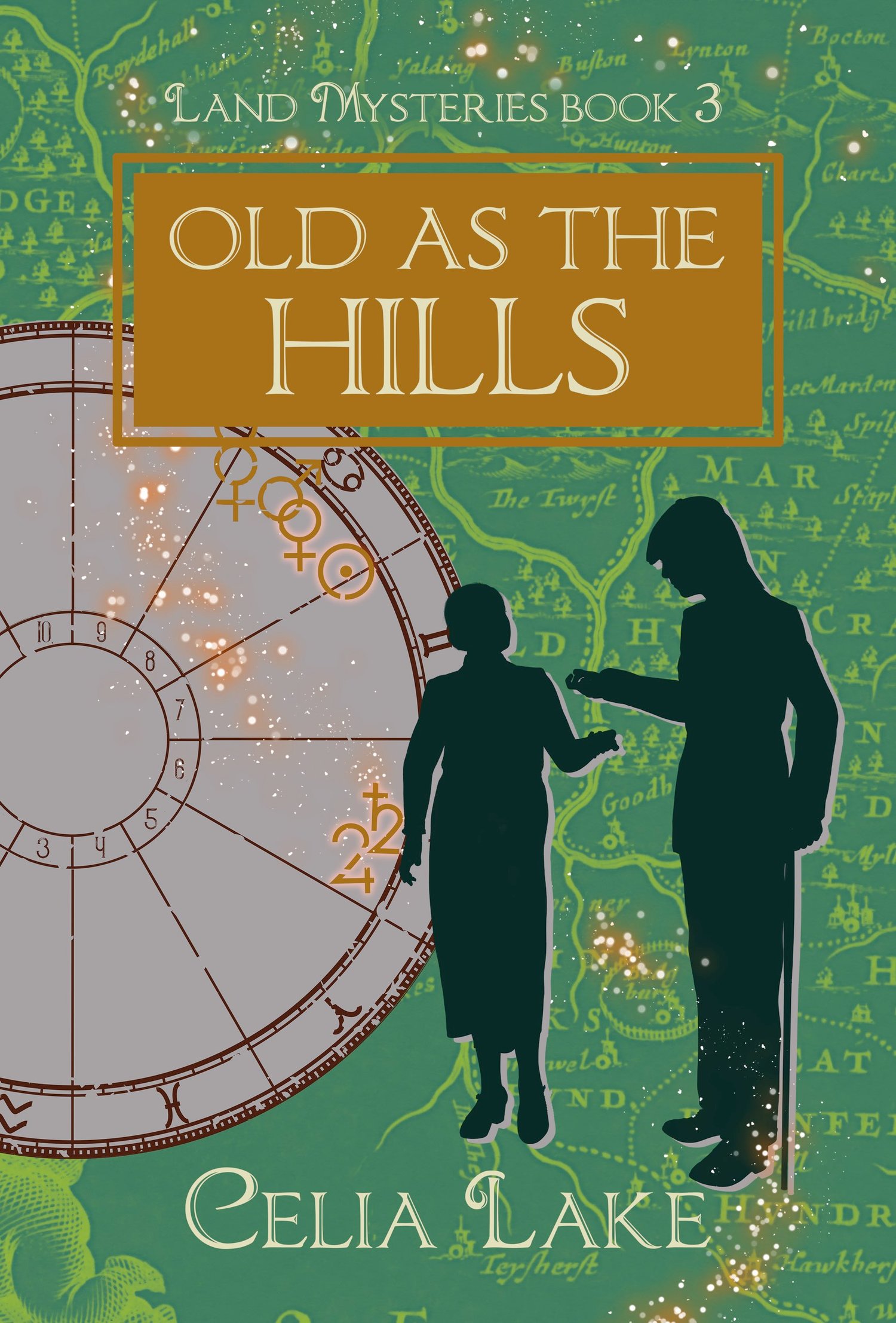 The cover of Old As The Hills has a man with a cane and a woman silhouetted on a green ground with a map. She holds out her hand, he is putting something into it, forming a doorway between them. An astrological chart behind them shows the symbols for Venu