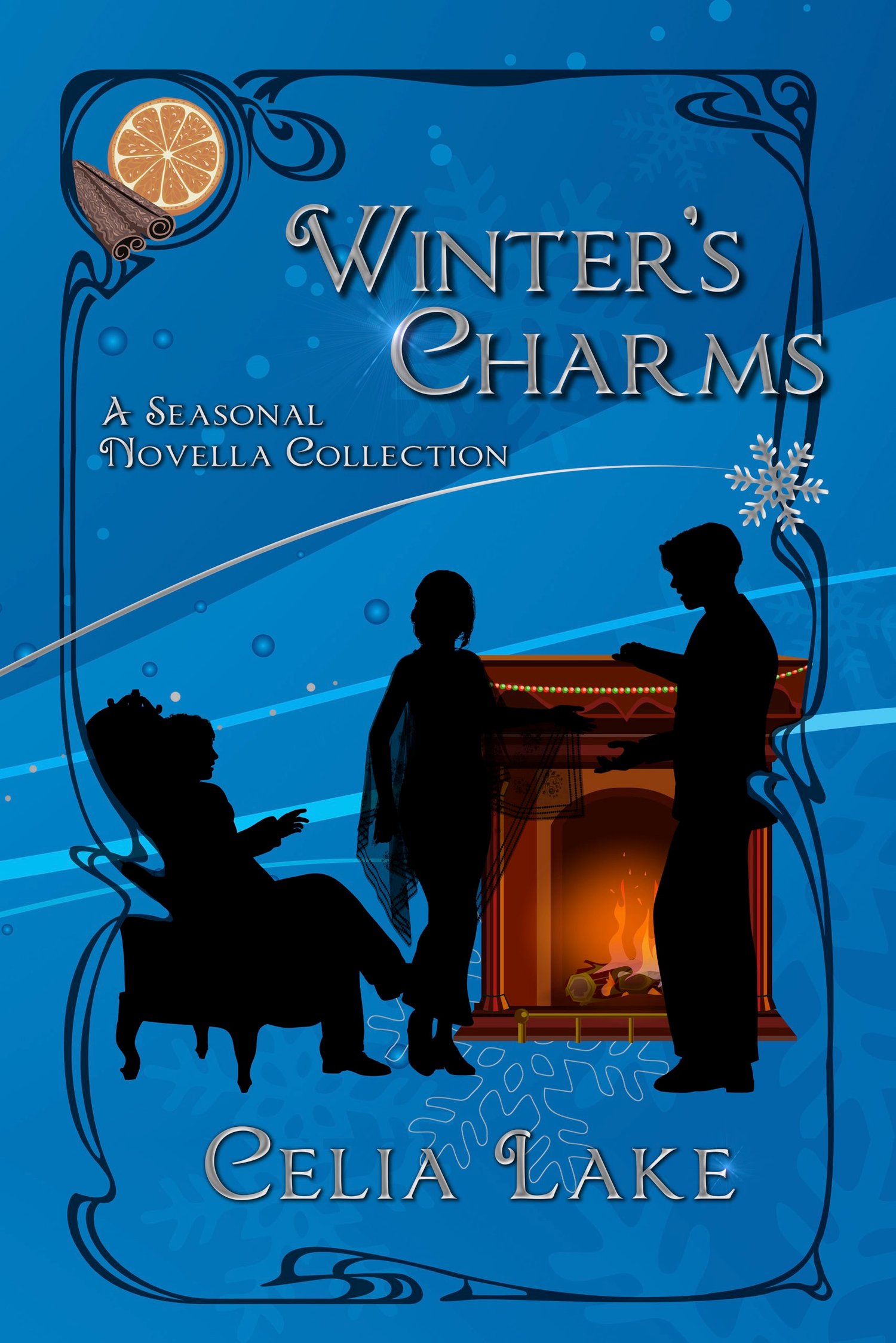 Cover of Winter's Charms, a seasonal novella collection. Three figures are silhouetted on a blue background with snowflakes, in front of a roaring fireplace decorated with a red and green garland. One man is sitting in a chair, gesturing, a woman stands w