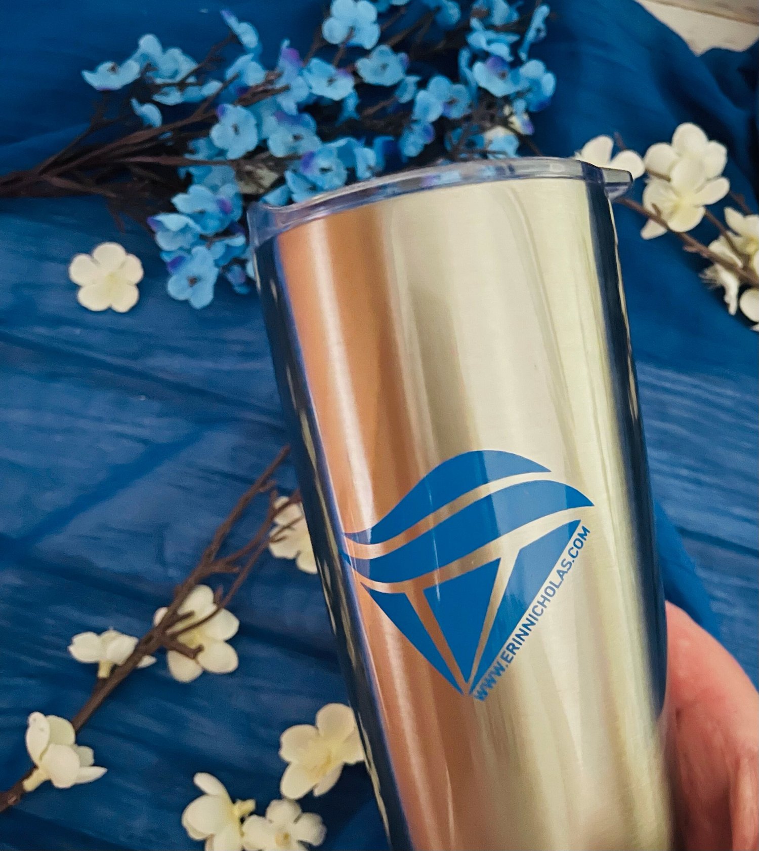 Sapphire Falls Stainless Steel Travel mug displayed