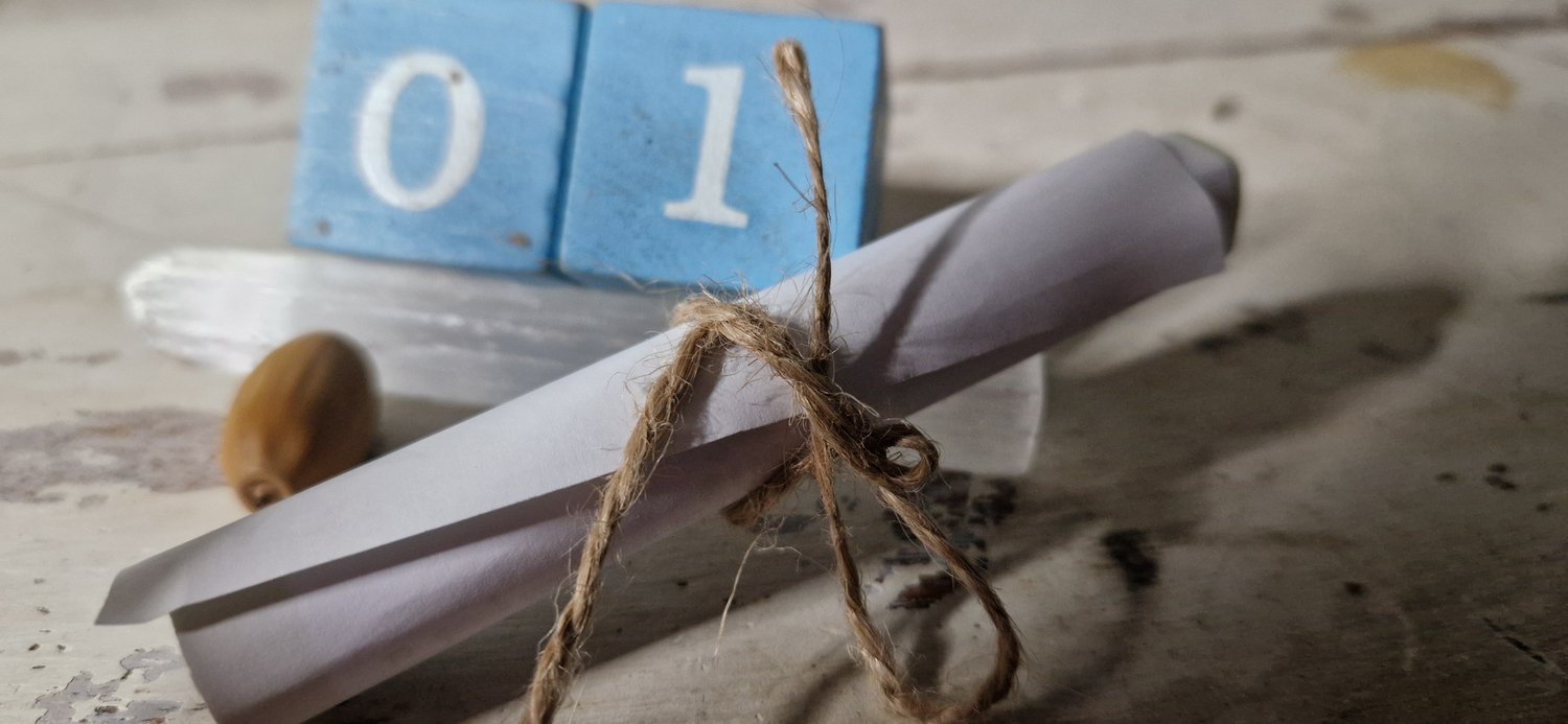 scroll, 01, selenite, acorn, string, guru circles