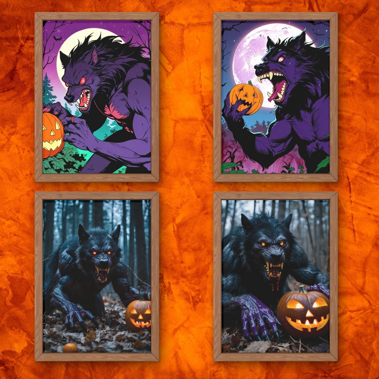 This captivating wall art features a ferocious black werewolf sinking its teeth into a Halloween pumpkin, blood dripping from its mouth under the eerie glow of a full moon.