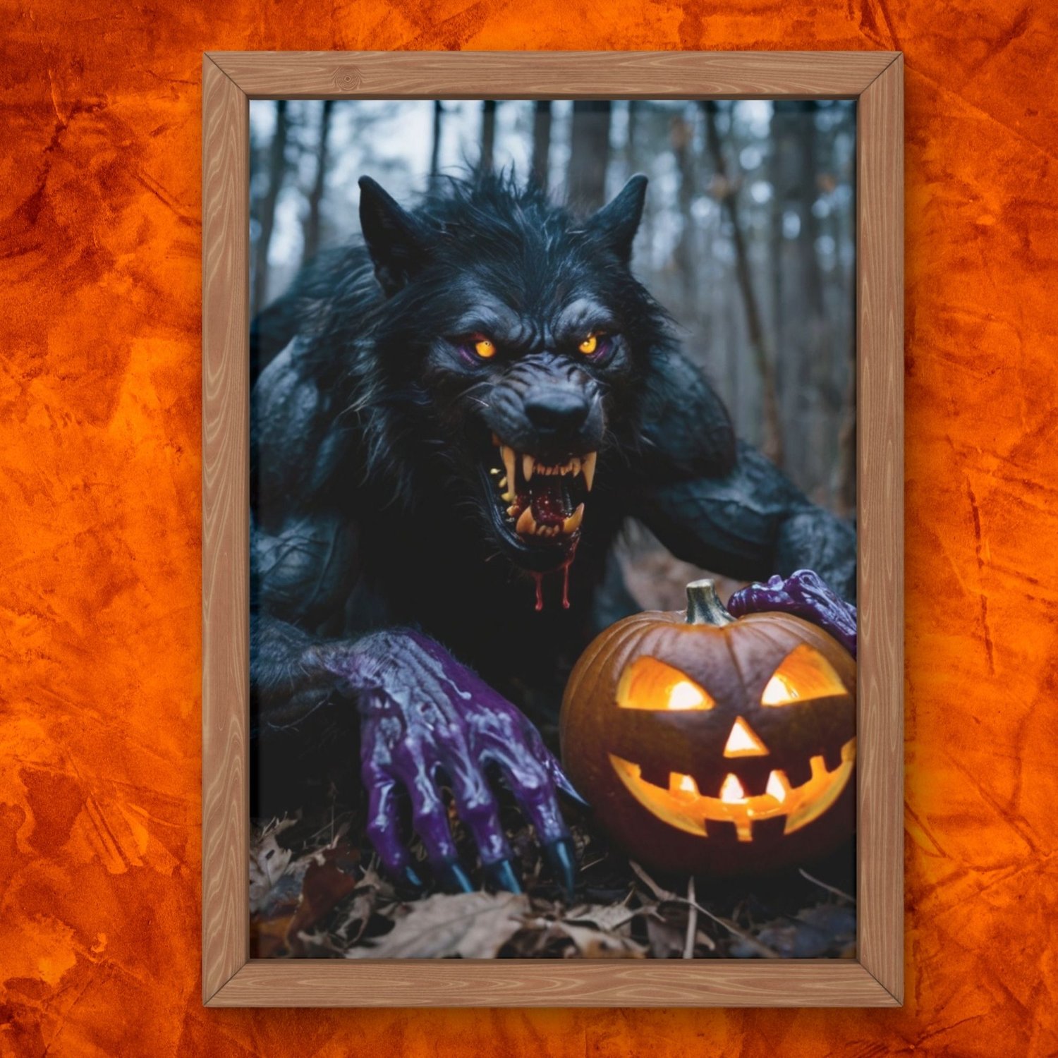 Detailed close-up of a black werewolf with glowing purple eyes and blood-streaked fangs, captured in high-quality 300 DPI resolution. Ideal for dark fantasy and horror art enthusiasts.