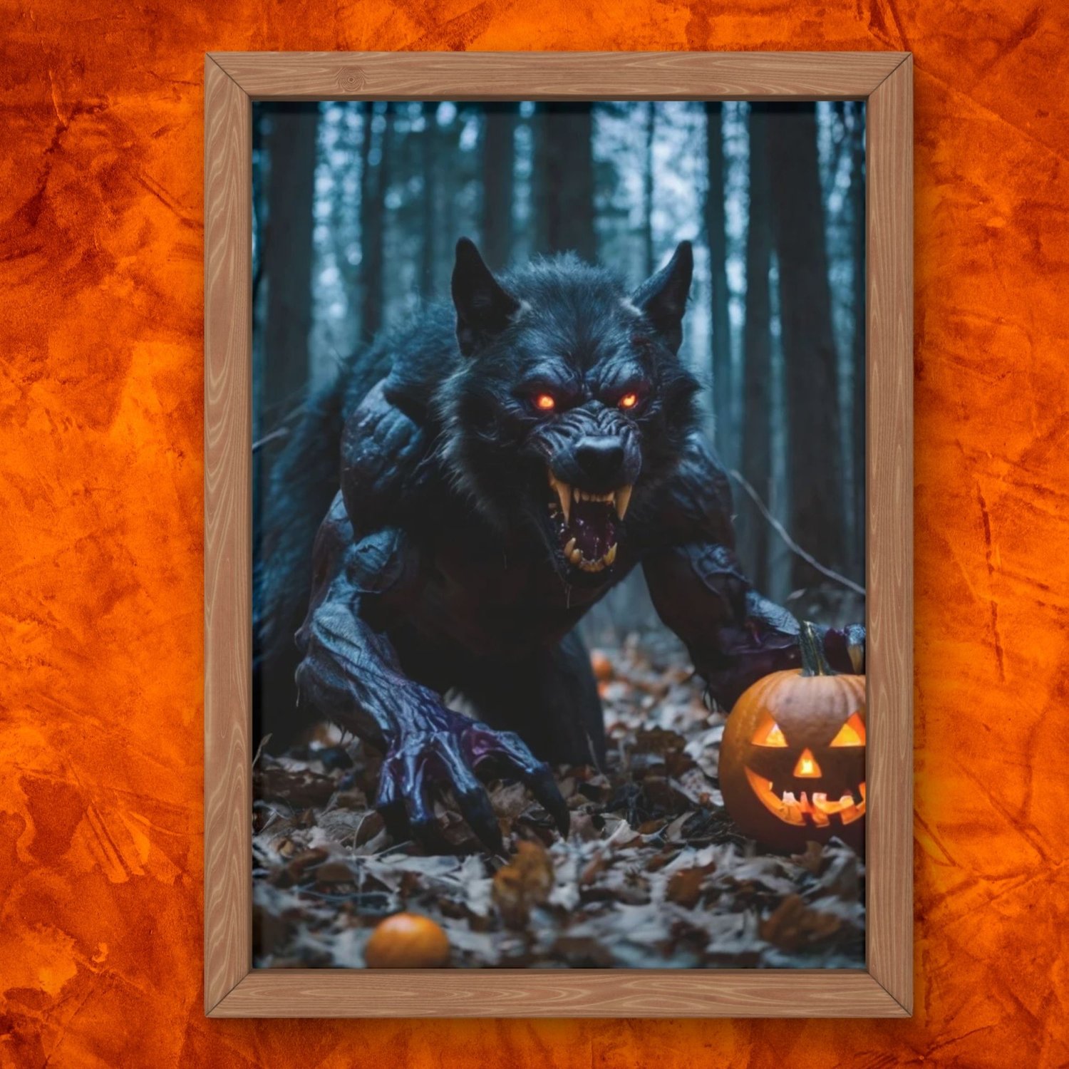 Glowing Halloween pumpkin with jagged carving, illuminated in a dark forest scene with a blood-red moon and a menacing werewolf. A stunning gothic art piece in 3300x4200 px at 300 DPI.
