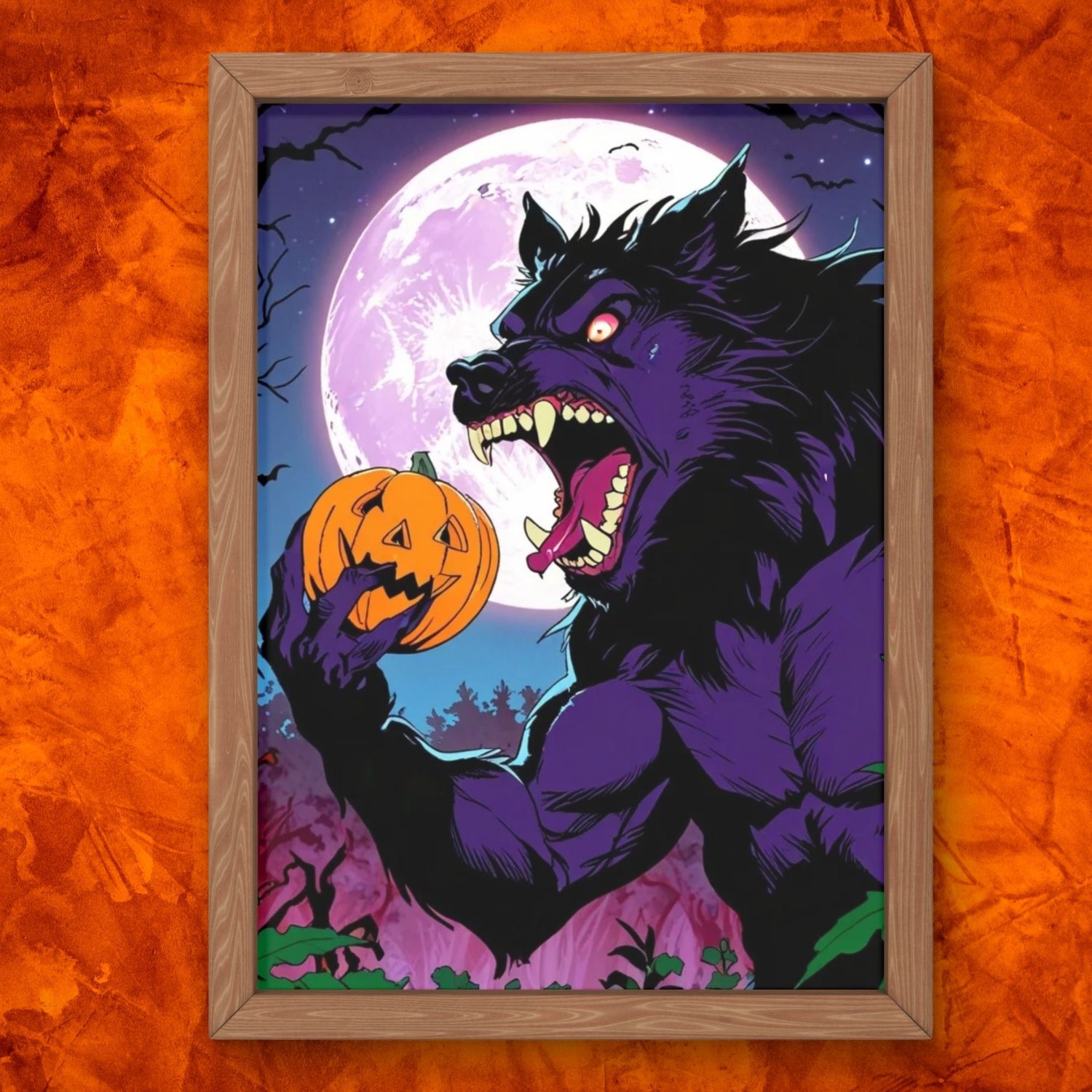 Haunting forest scene under a glowing blood-red full moon, featuring a black werewolf and a carved pumpkin. High-quality 300 DPI artwork, ideal for spooky and gothic-themed wall art.