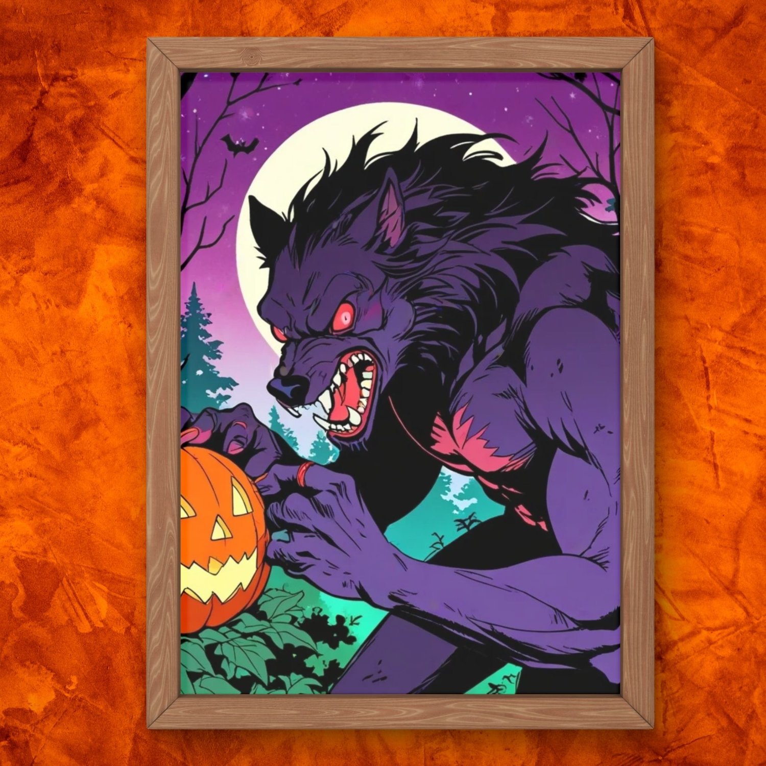 Haunting forest scene under a glowing blood-red full moon, featuring a black werewolf and a carved pumpkin. High-quality 300 DPI artwork, ideal for spooky and gothic-themed wall art.