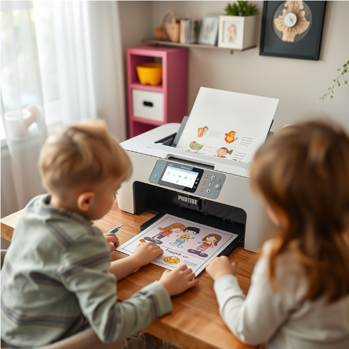 A vibrant flat-lay featuring printed worksheets, colorful crayons, scissors, and a cheerful design background. The Benefits of Printables for Children These images will visually reinforce the developmental and educational benefits mentioned in the text