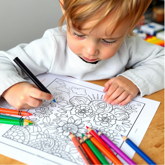 child coloring a  vibrant flat-lay featuring printed worksheets, colorful crayons, scissors, and a cheerful design background.