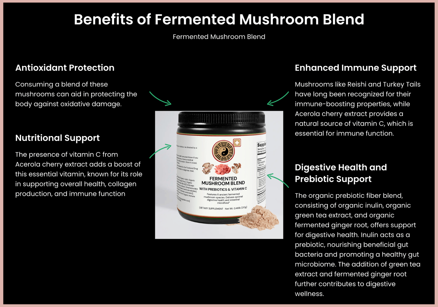 The pre-digested, fermented organic mushrooms in this product offer a wide range of naturally occurring vitamins, minerals, and immunomodulating polysaccharides.*