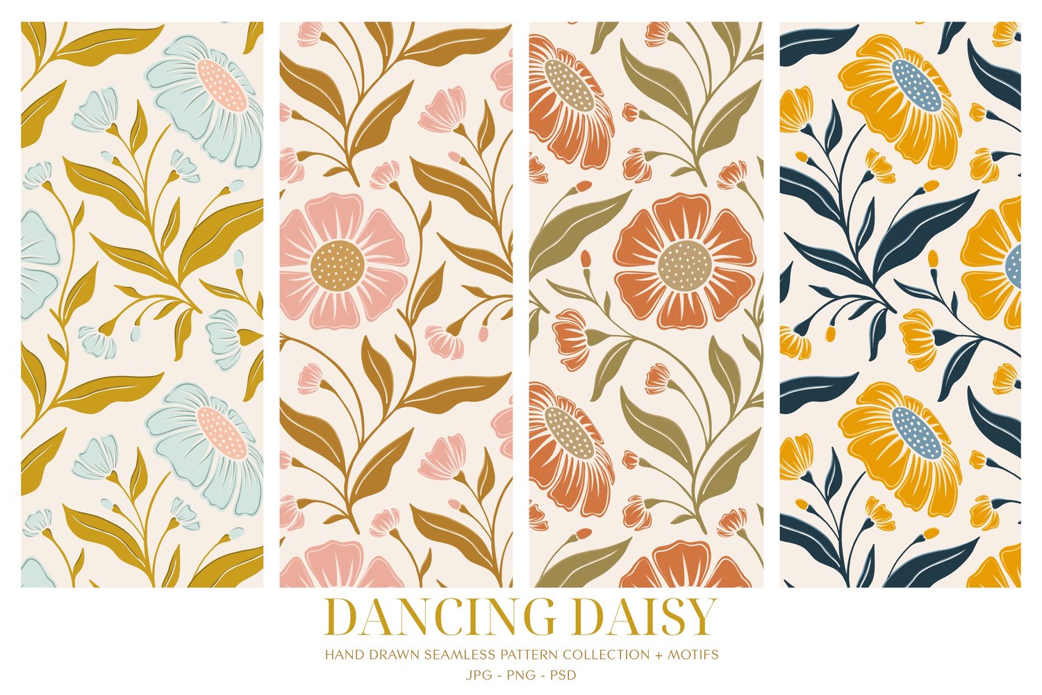 Surface pattern design Daisy flowers and flourishing vines and leaves