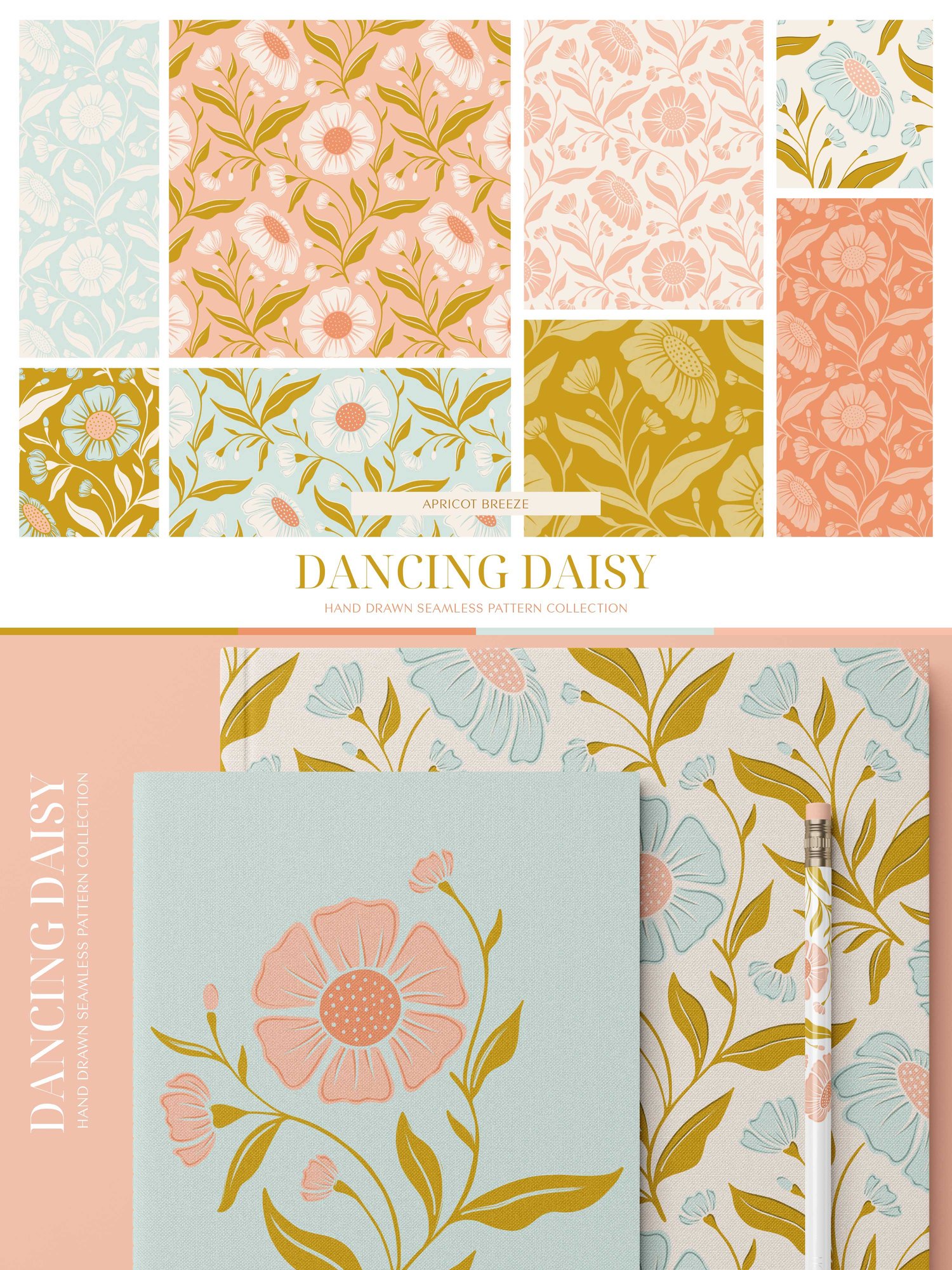 Surface pattern design Daisy flowers and flourishing vines and leaves