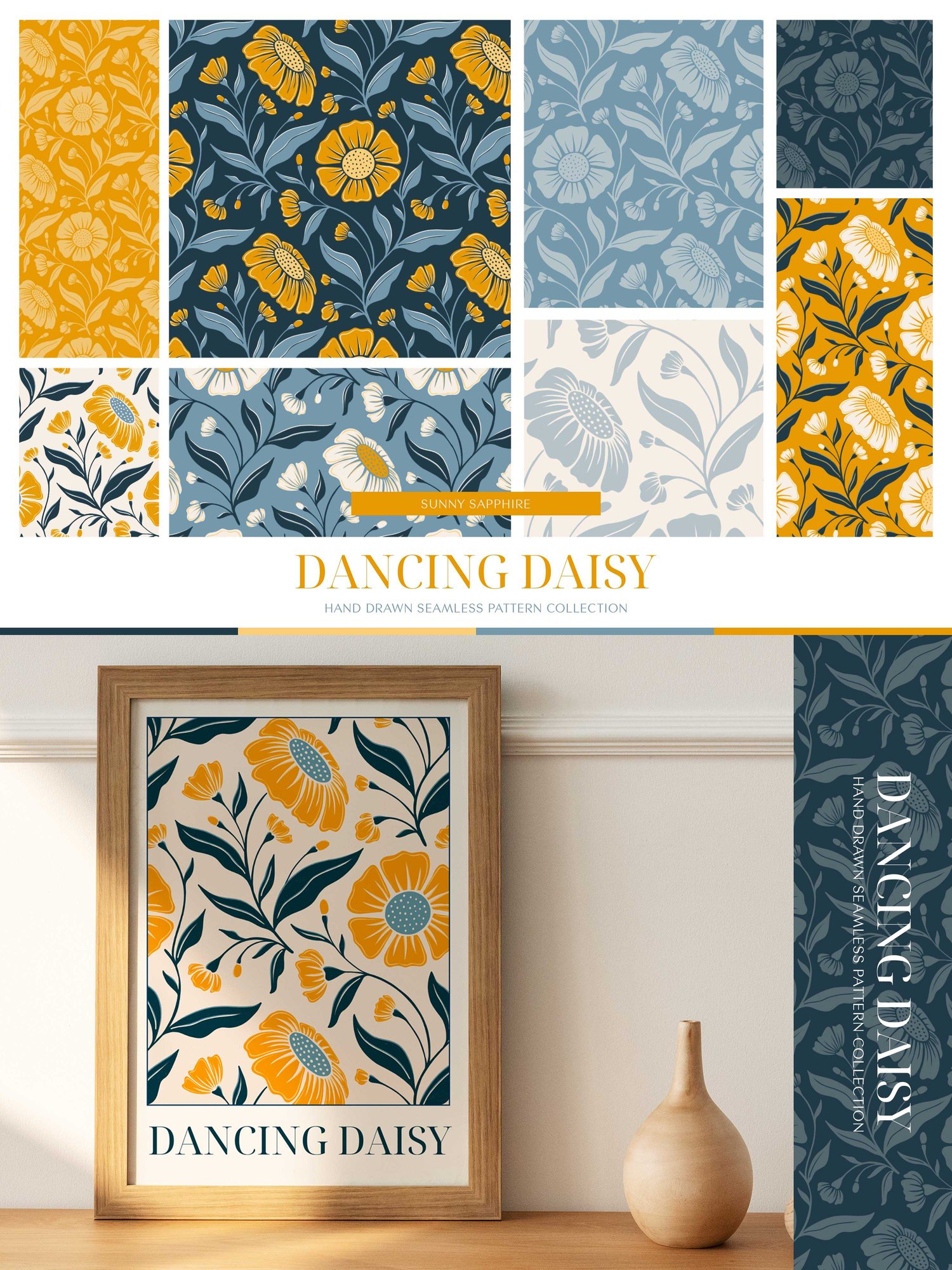 Surface pattern design Daisy flowers and flourishing vines and leaves