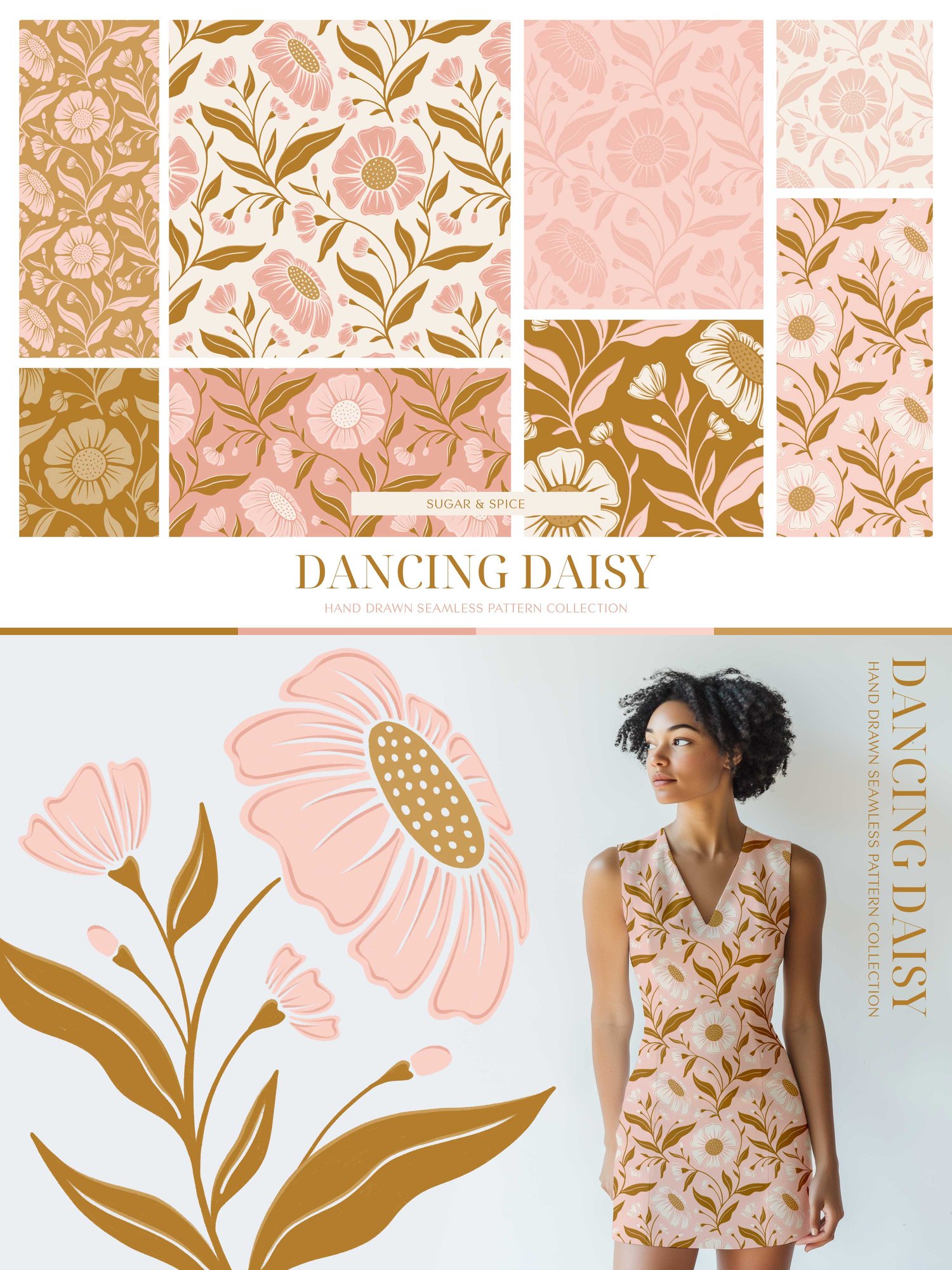 Surface pattern design Daisy flowers and flourishing vines and leaves