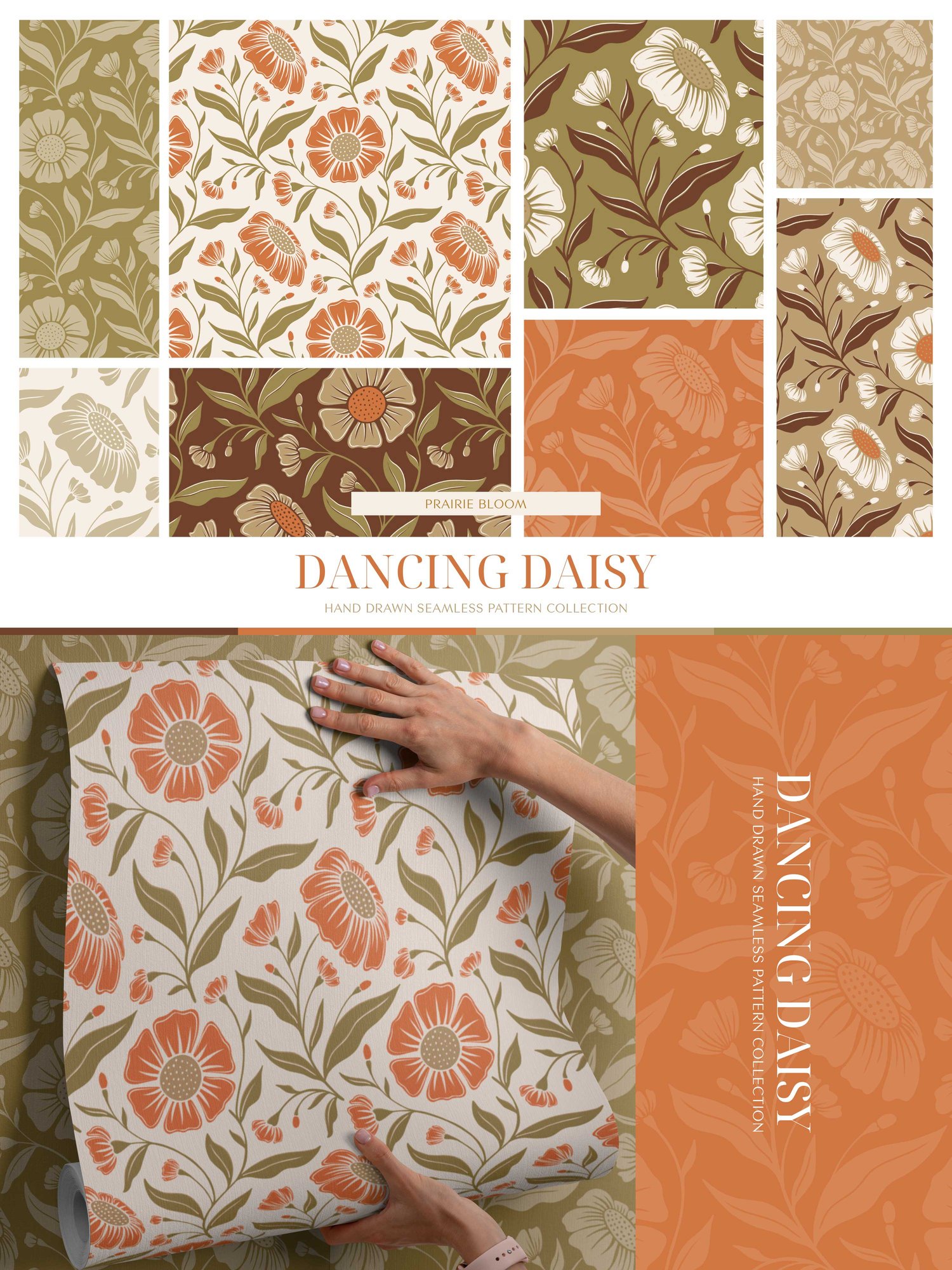Surface pattern design Daisy flowers and flourishing vines and leaves