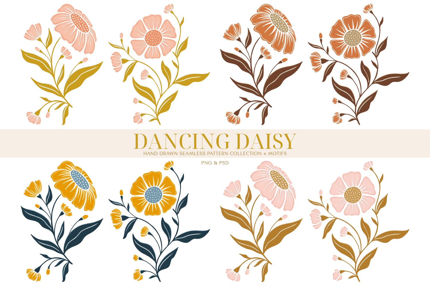 Surface pattern design Daisy flowers and flourishing vines and leaves