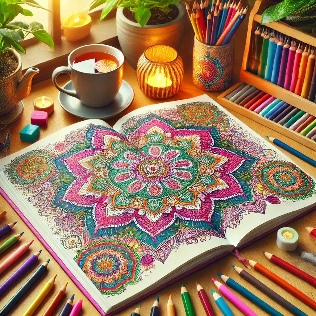 An open coloring book featuring intricate mandala designs, surrounded by colored pencils, markers, and gel pens on a cozy wooden workspace. The book's pages are partially colored with vibrant hues, and the background includes a mug of tea and small potted
