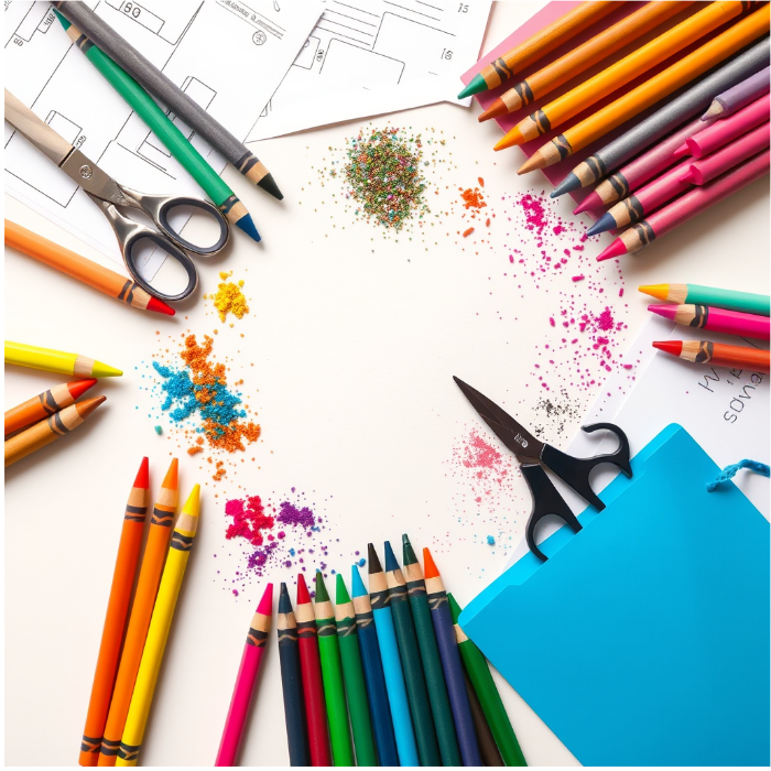 An inviting, vibrant flat-lay of crayons, printed worksheets, scissors, and glitter against a white or cream background.