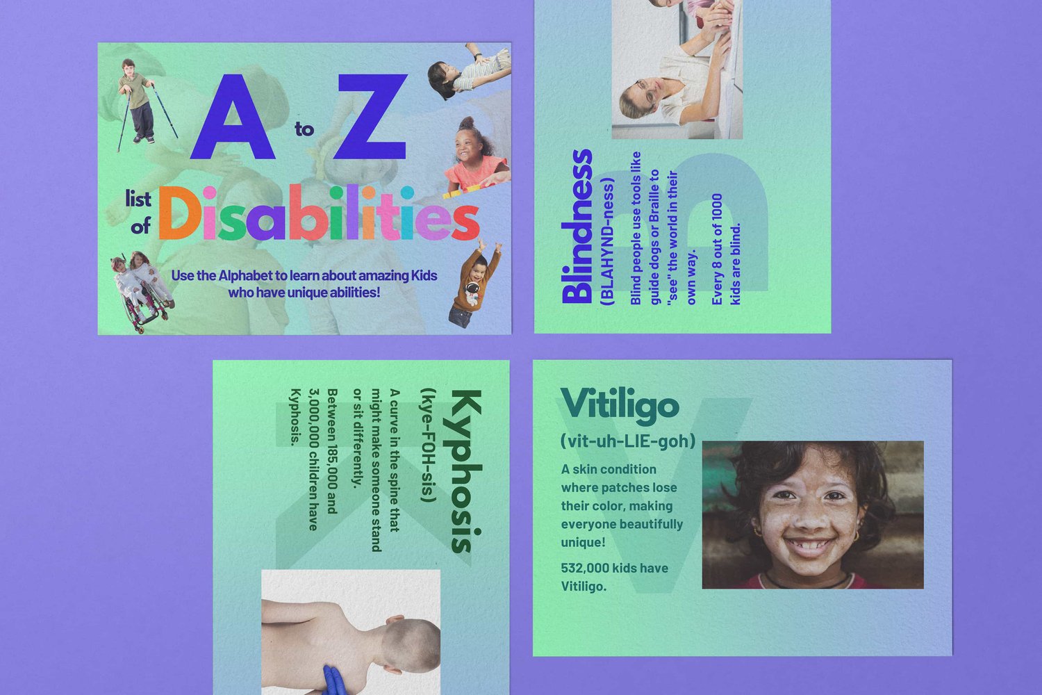 A-Z Disabilities flashcards displaying kids with kyphosis, vitiligo, and blindness