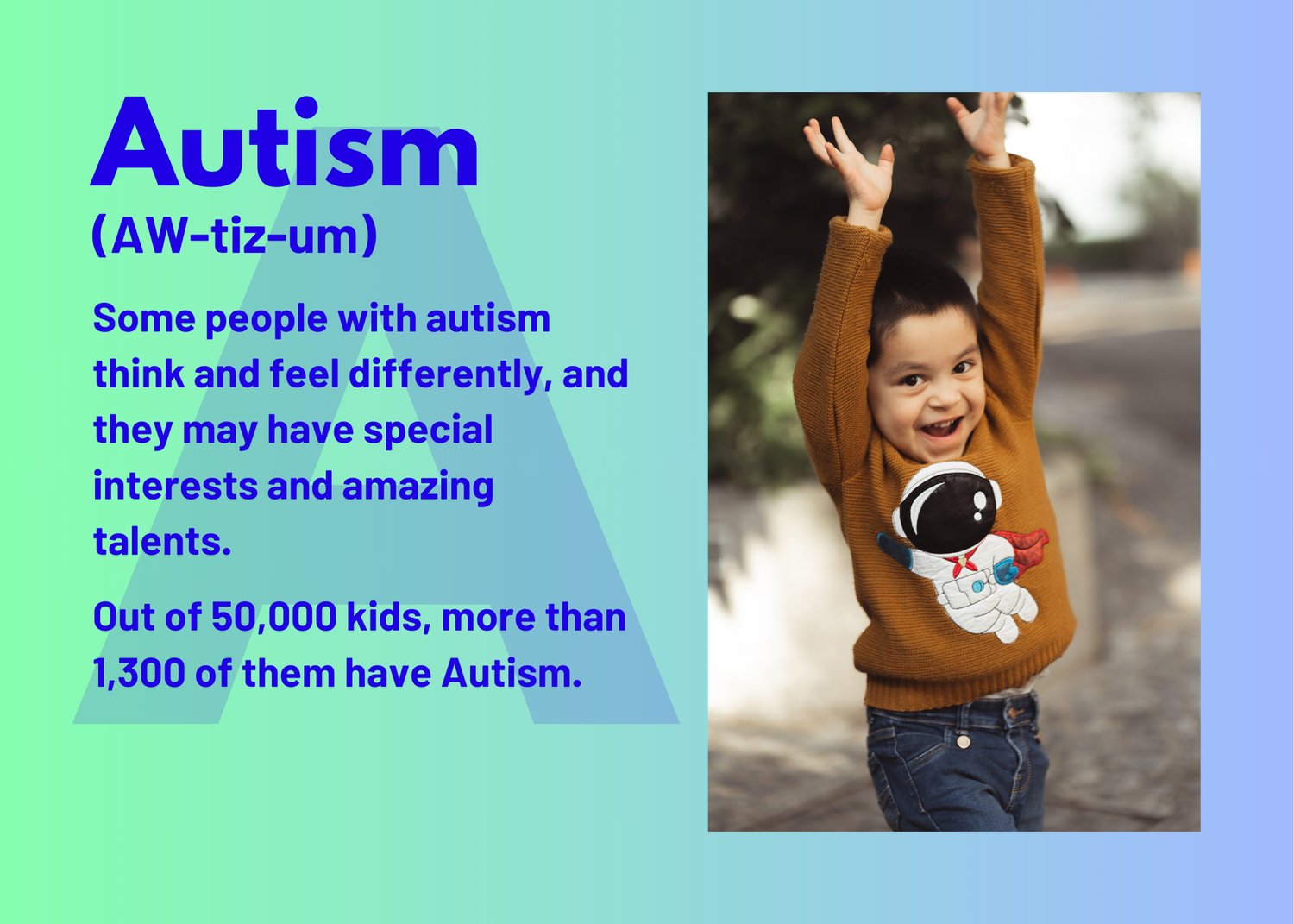 autism card with the phonetic spelling, child autism statistics, and a happy boy