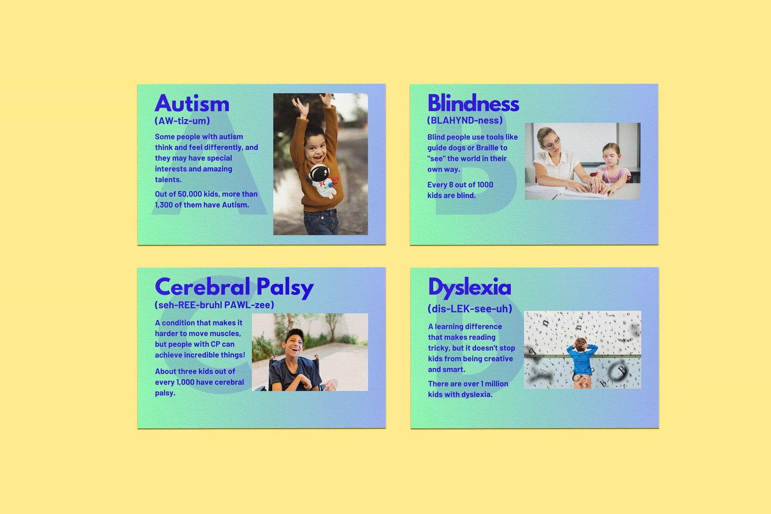 kids with cerebral palsy, dyslexia, and autism on flashcards