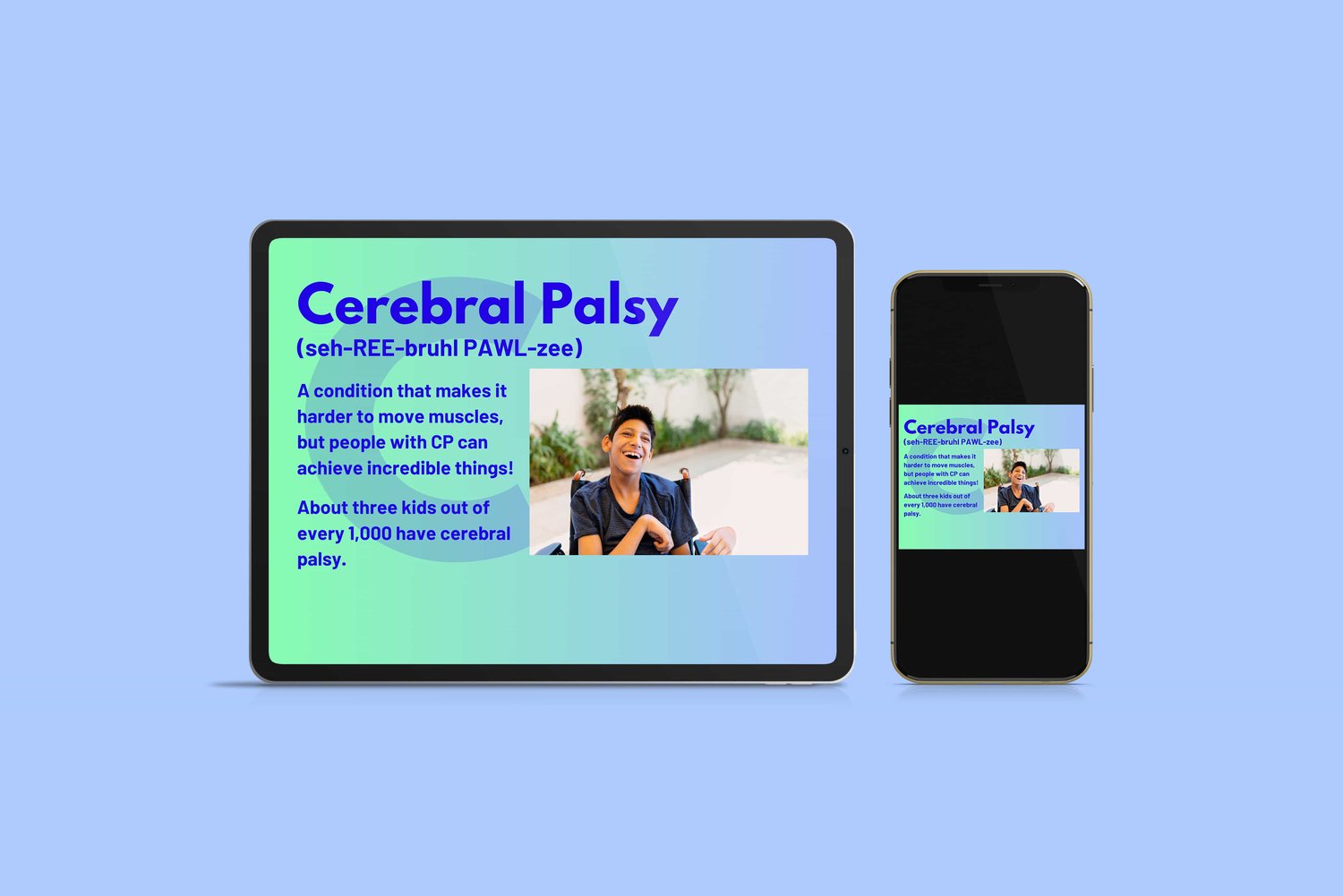 tablet and mobile device displays the cerebral palsy flashcard for kids