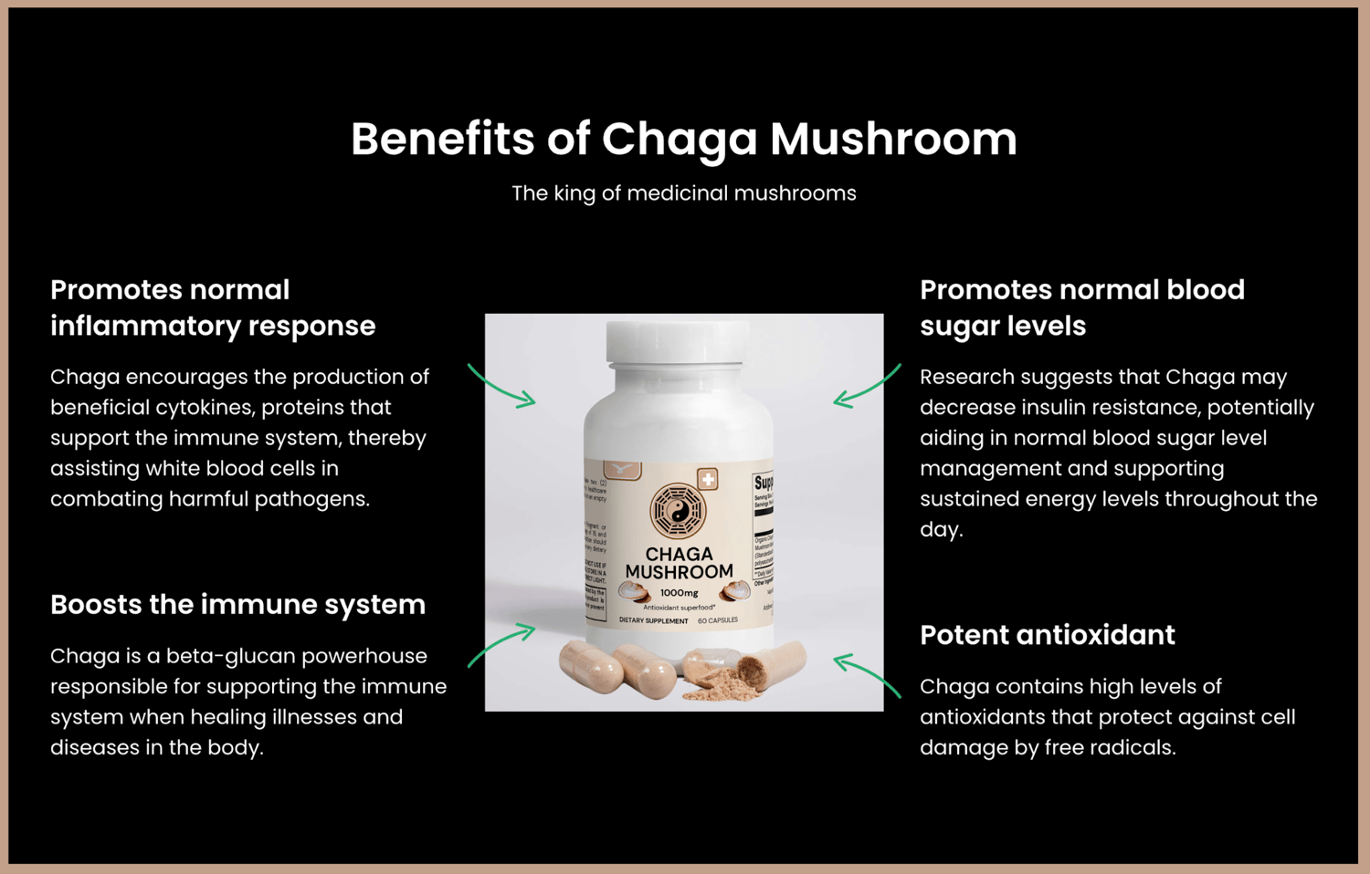 Chaga Health Effects Substances from Chaga have been shown to stimulate the immune system. The most promising finding was the demonstration that Chaga has hypoglycemic and insulin sensitivity potential.