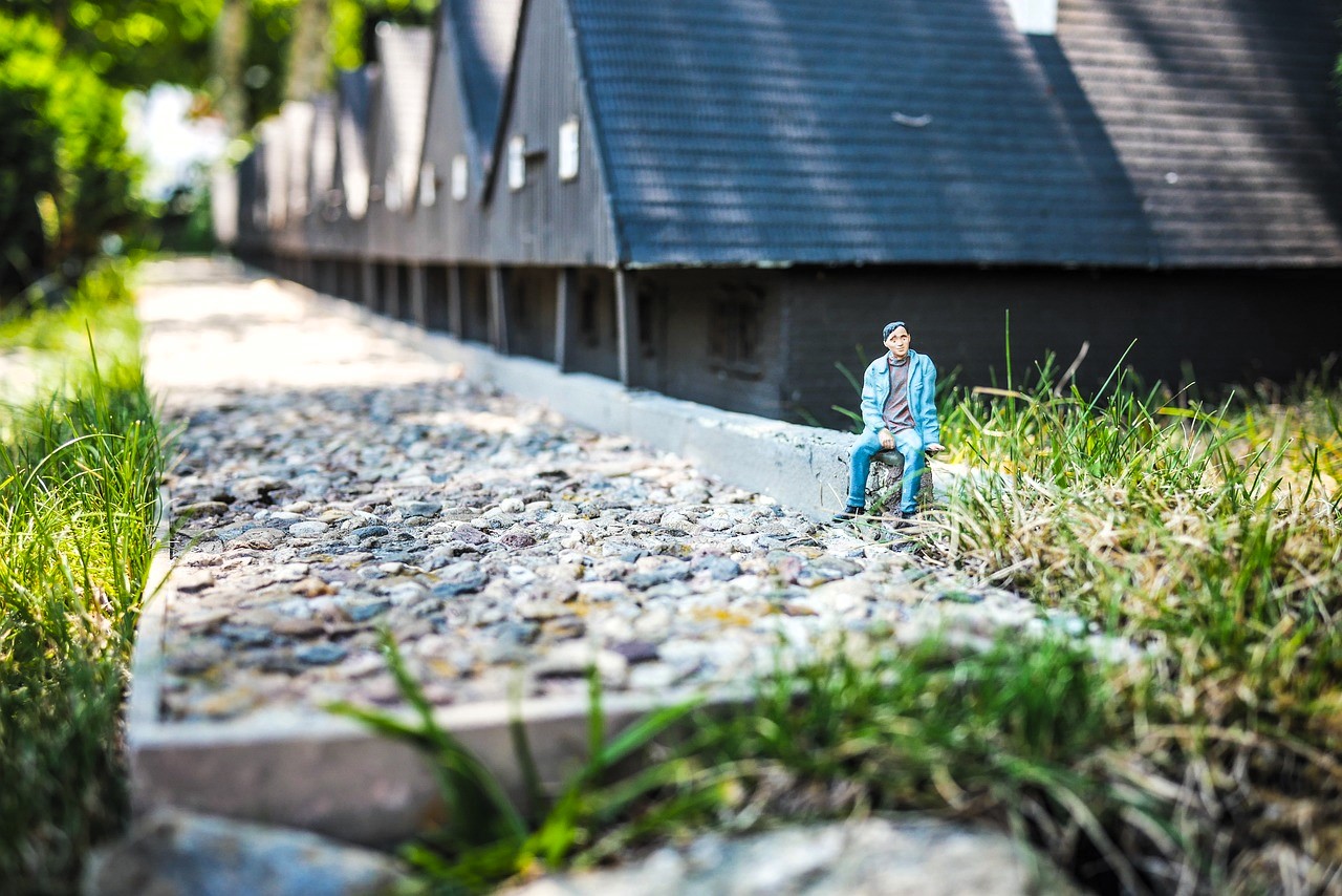 Miniatura, casas y hierba