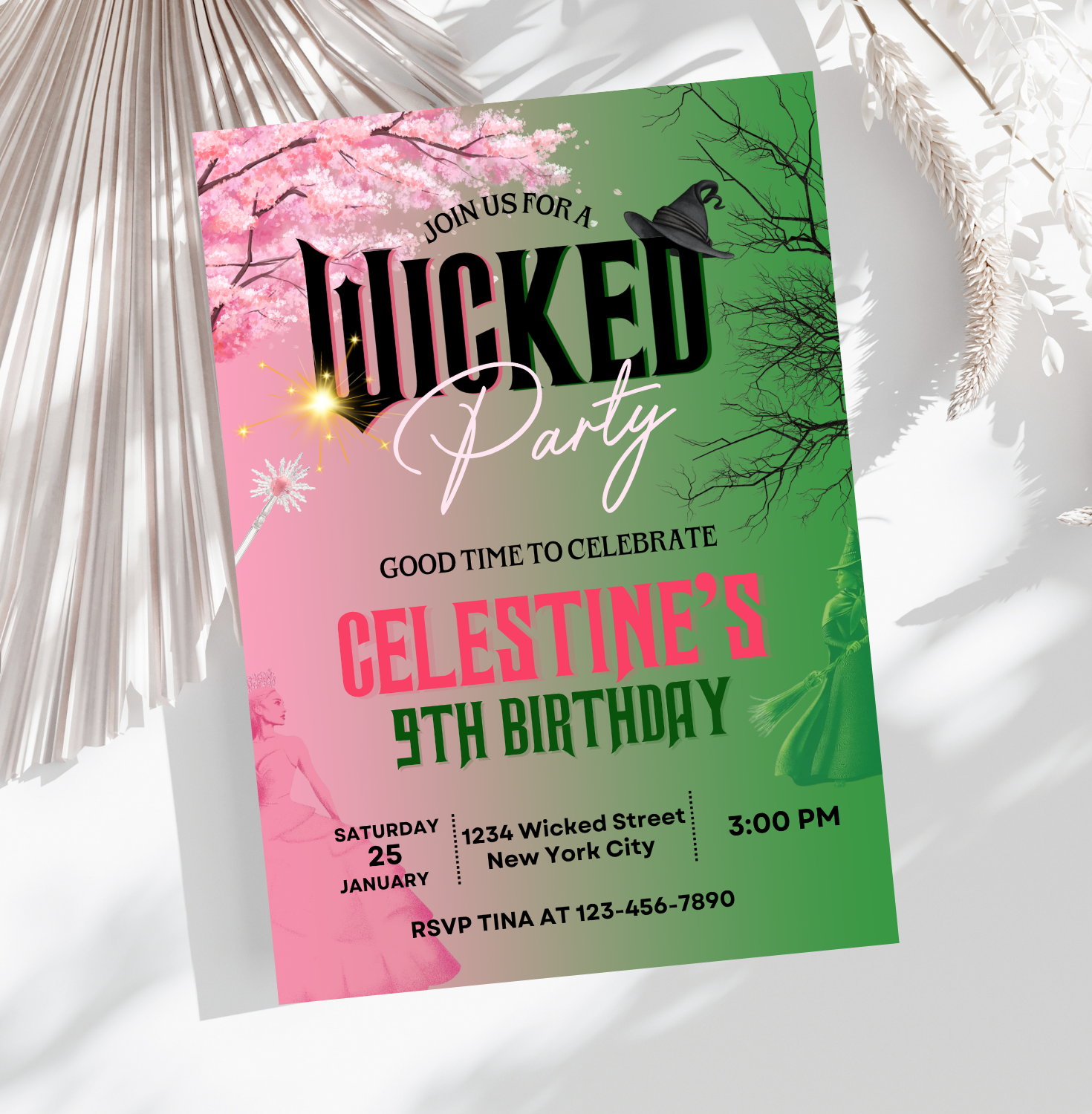 downloadable invite, wicked invitation, movie invite, wicked, wicked party, editable wicked, wickedbirthday, wickedinvite, canva invitation, editable invitation, oz invitation, pink and green, wicked theme