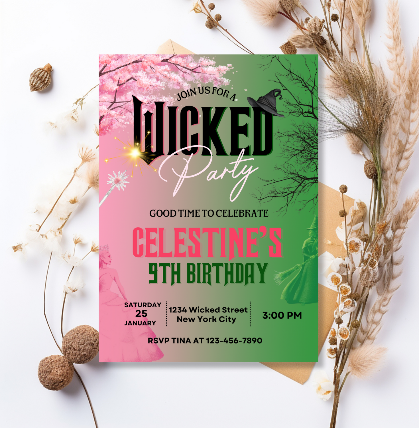 downloadable invite, wicked invitation, movie invite, wicked, wicked party, editable wicked, wickedbirthday, wickedinvite, canva invitation, editable invitation, oz invitation, pink and green, wicked theme
