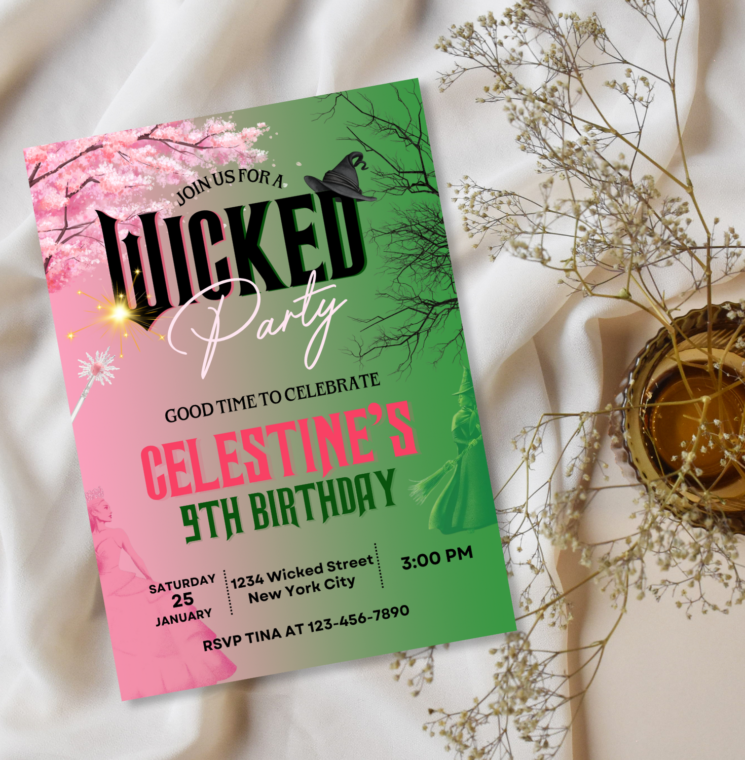 downloadable invite, wicked invitation, movie invite, wicked, wicked party, editable wicked, wickedbirthday, wickedinvite, canva invitation, editable invitation, oz invitation, pink and green, wicked theme