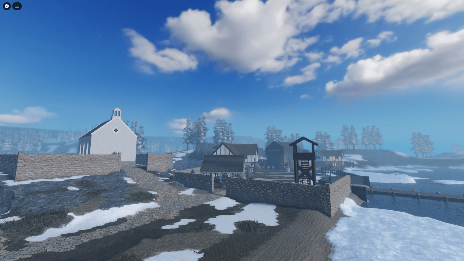 Serene monastery island surrounded by snowy terrain, adding depth to the immersive map.