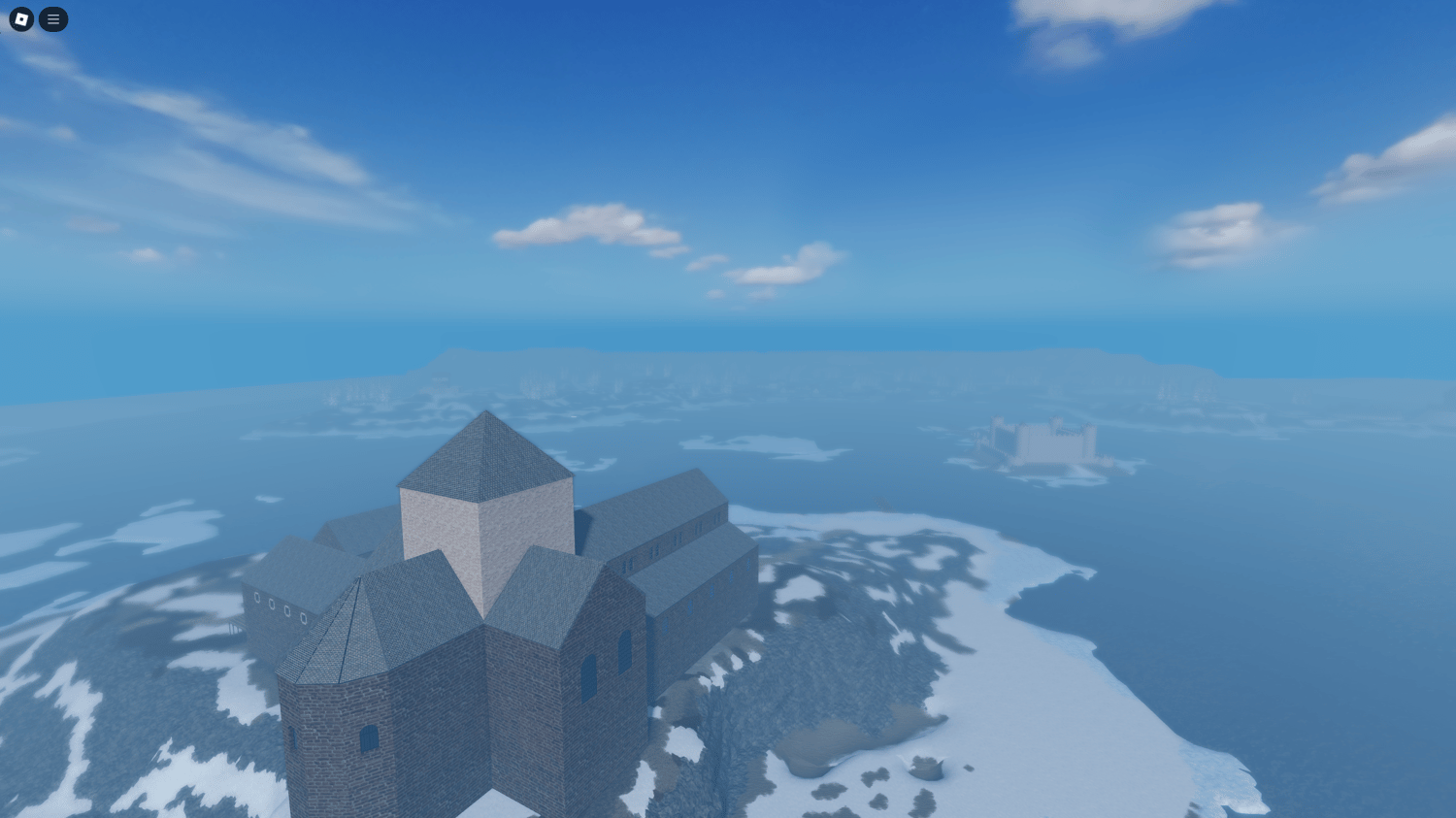 Expansive winter-themed medieval Roblox map with snow-covered forests and icy landscapes.