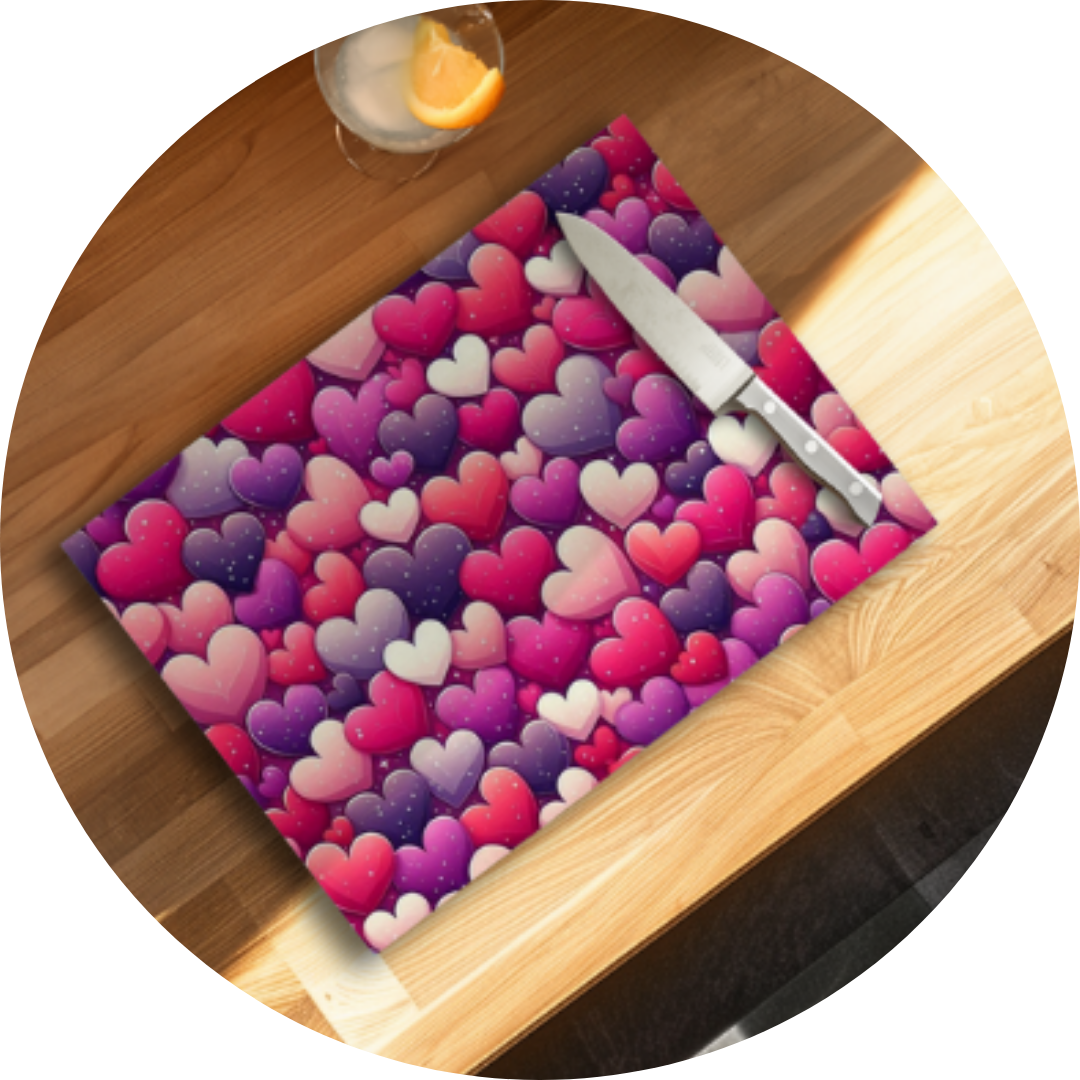 Custom sublimation design for Valentine's cutting board, featuring romantic colors and heart-themed patterns, perfect for personalized kitchen accessories.