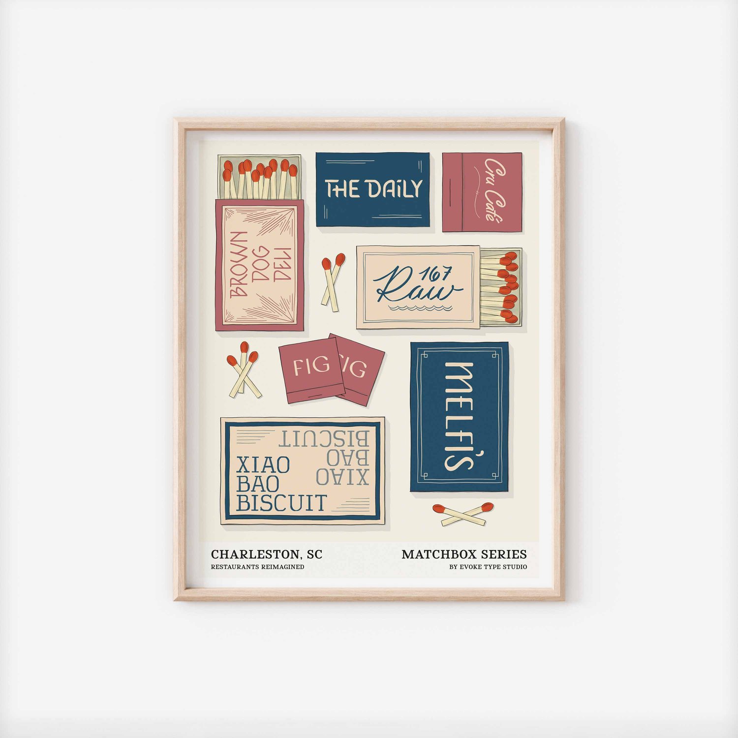 A framed picture of matchboxes and matches featuring 7 different restaurants in Charleston, South Carolina