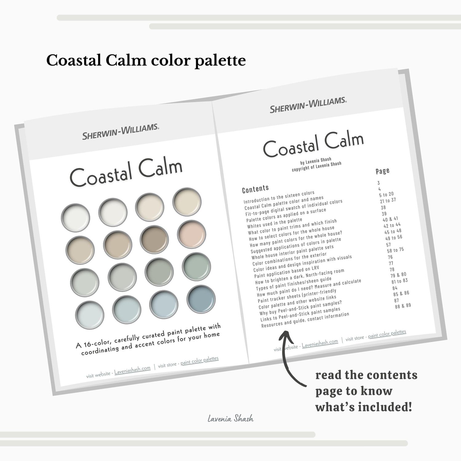 A Calm Coastal color palette with Sherwin Williams paint colors. Color scheme includes coordinating and complementary neutral shades of white, beige, light and airy blues and greens for farmhouse, beach house. Curated by Lavenia Shash.