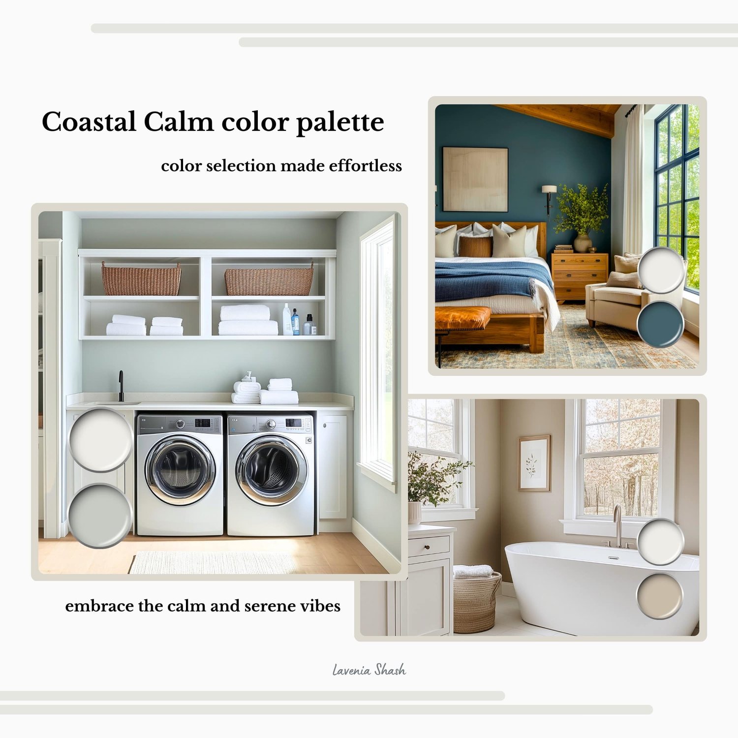 A Calm Coastal color palette with Sherwin Williams paint colors. Color scheme includes coordinating and complementary neutral shades of white, beige, light and airy blues and greens for farmhouse, beach house. Curated by Lavenia Shash.