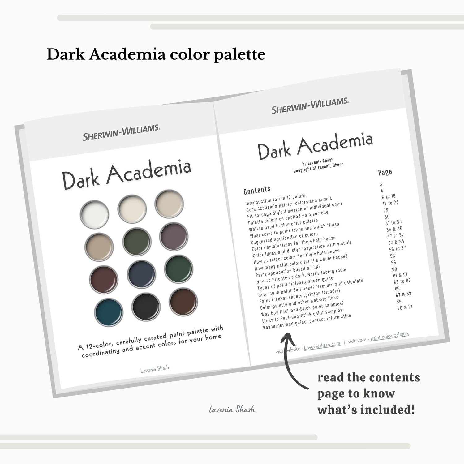 Dark Academia color palette with Sherwin Williams paint scheme. Whole house interior and exterior coordinating colors with deep blues, green, purples, brown and black. Digital download design by Lavenia Shash.