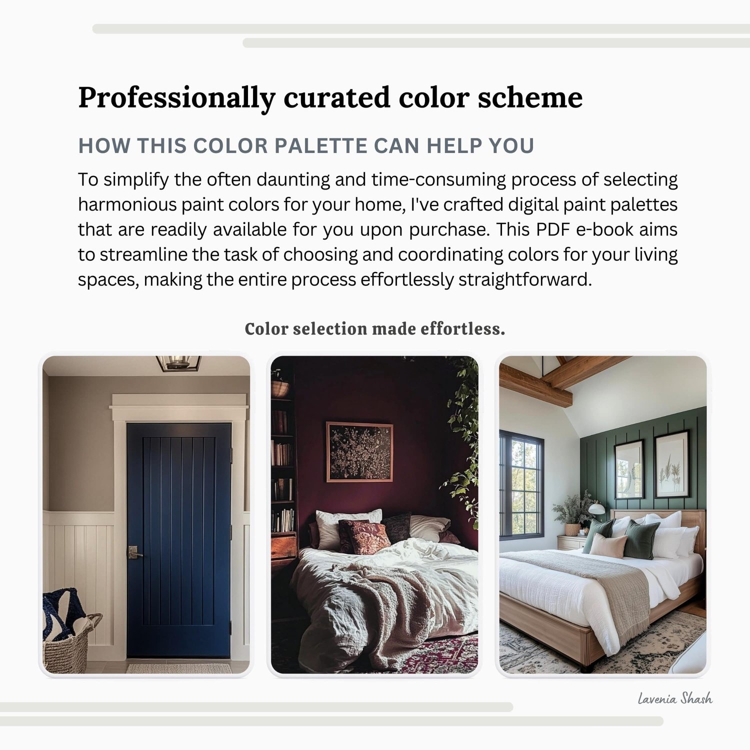 Dark Academia color palette with Sherwin Williams paint scheme. Whole house interior and exterior coordinating colors with deep blues, green, purples, brown and black. Digital download design by Lavenia Shash.
