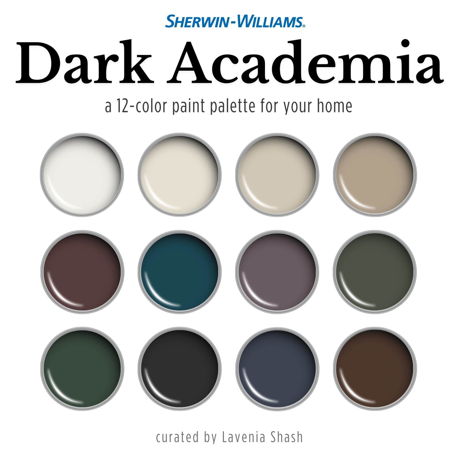 Dark Academia color palette with Sherwin Williams paint scheme. Whole house interior and exterior coordinating colors with deep blues, green, purples, brown and black. Digital download design by Lavenia Shash.