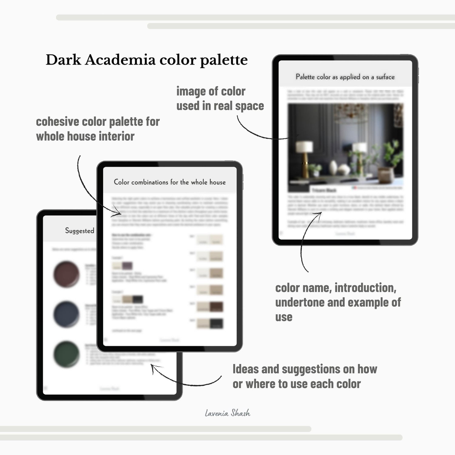 Dark Academia color palette with Sherwin Williams paint scheme. Whole house interior and exterior coordinating colors with deep blues, green, purples, brown and black. Digital download design by Lavenia Shash.