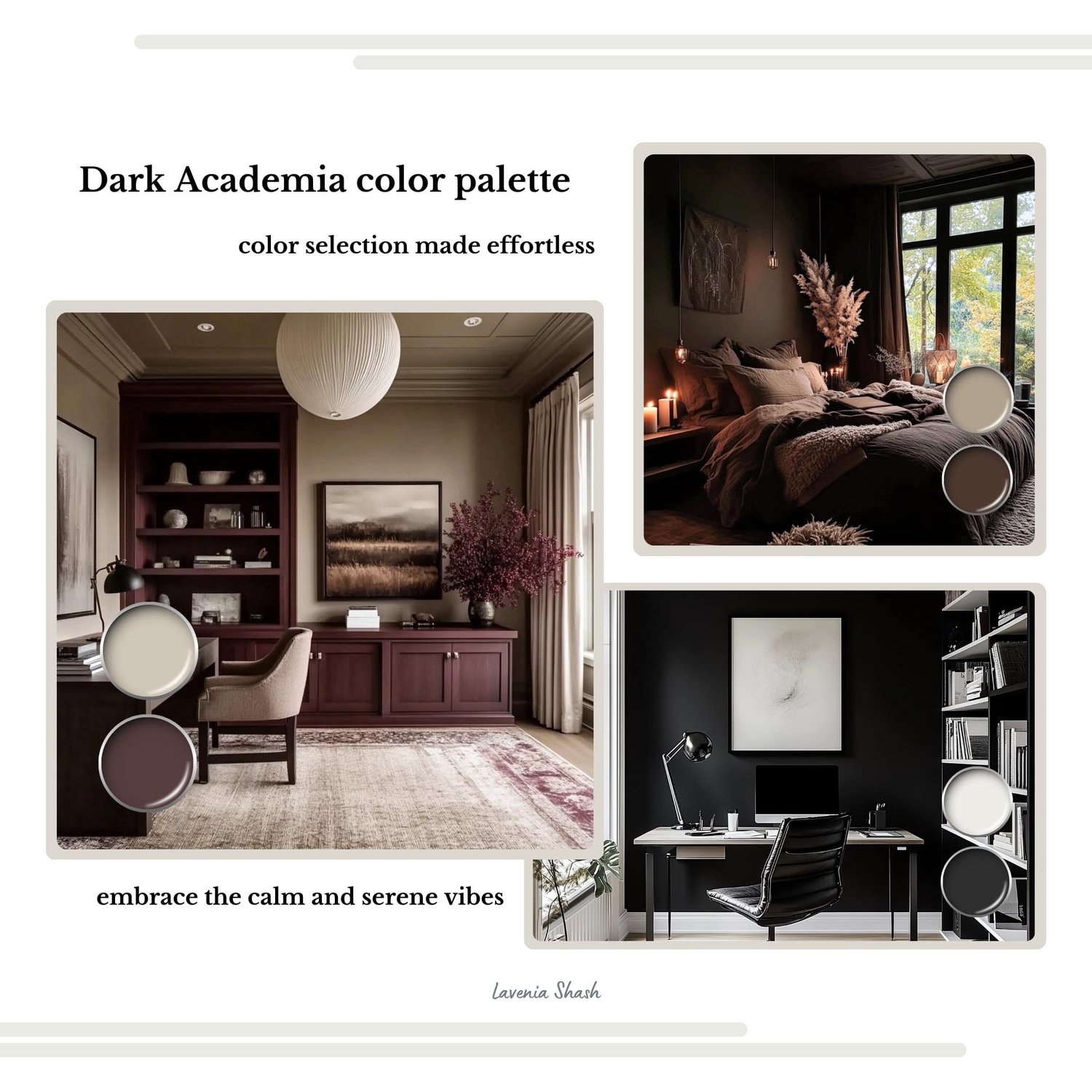 Dark Academia color palette with Sherwin Williams paint scheme. Whole house interior and exterior coordinating colors with deep blues, green, purples, brown and black. Digital download design by Lavenia Shash.