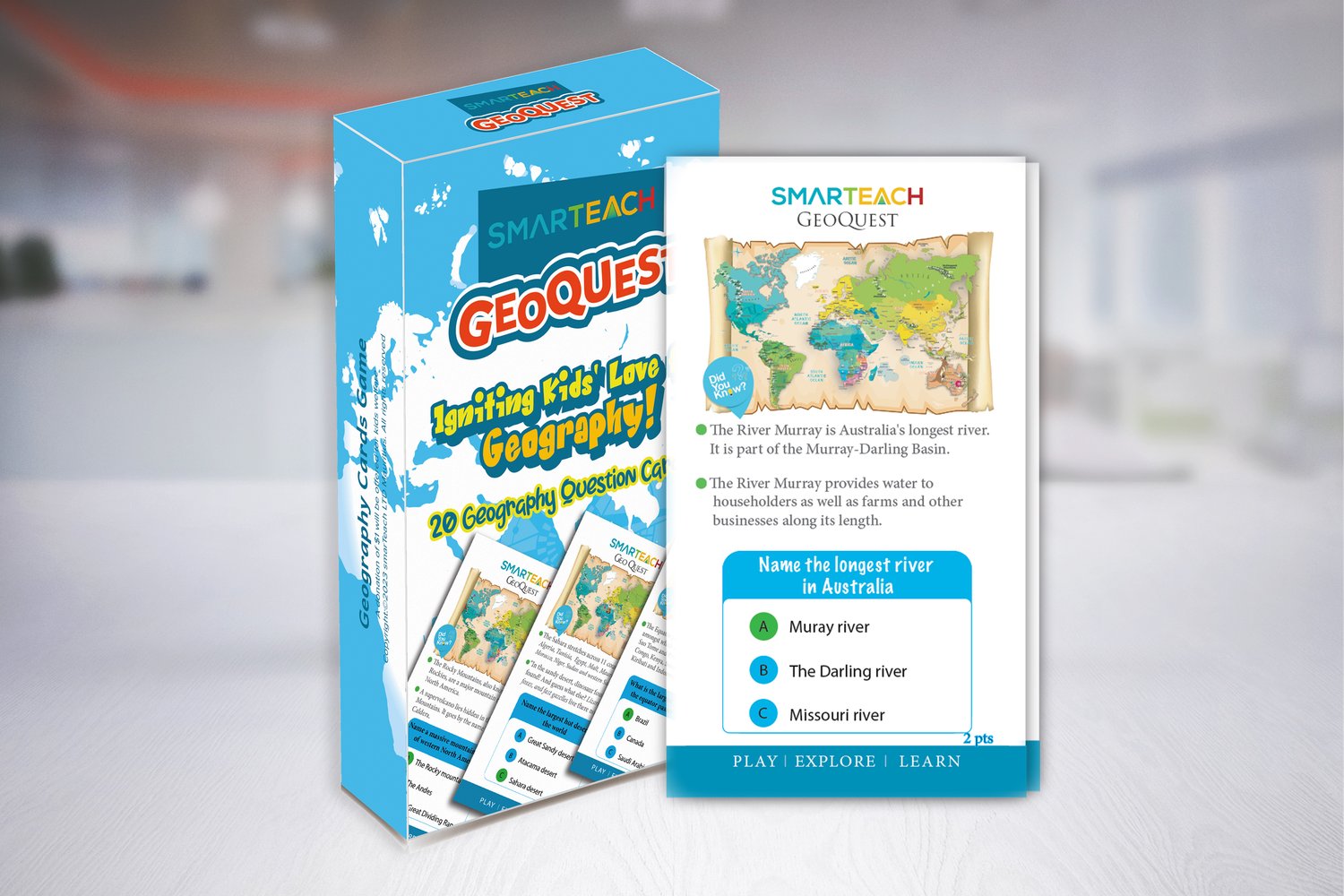 GeoQuest is a set of 20 engaging geography question cards designed to challenge and expand kids' knowledge of rivers, mountains, oceans, seas, and other natural features. As Level 2 of the 'Explore the World GeoMap' board game, GeoQuest can be played independently or paired with the board game for a deeper, more interactive learning experience. Perfect for curious young minds, this fun and educational card set transforms geography into an exciting adventure, making it ideal for classrooms, homeschooling, and family game nights.