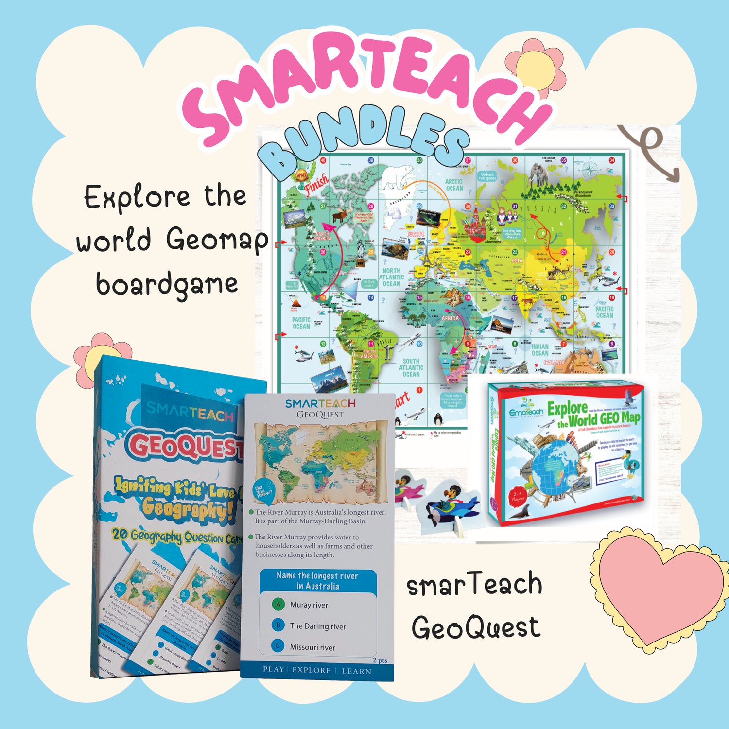The smarTeach Geo Bundles include the Explore the World GeoMap board game and the GeoQuest geography question card set, designed to help children learn about continents, rivers, mountains, oceans, and other natural features. These educational tools offer a fun and interactive way to boost map-reading skills, critical thinking, and global awareness. Ideal for homeschooling, classrooms, and family game nights, the Geo Bundles provide a complete geography learning experience for young explorers.