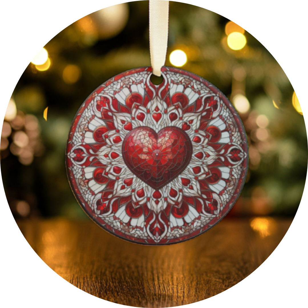 Custom sublimation design for Valentine's ornament, featuring romantic colors and heart-themed patterns, perfect for personalized holiday or love-themed decor.